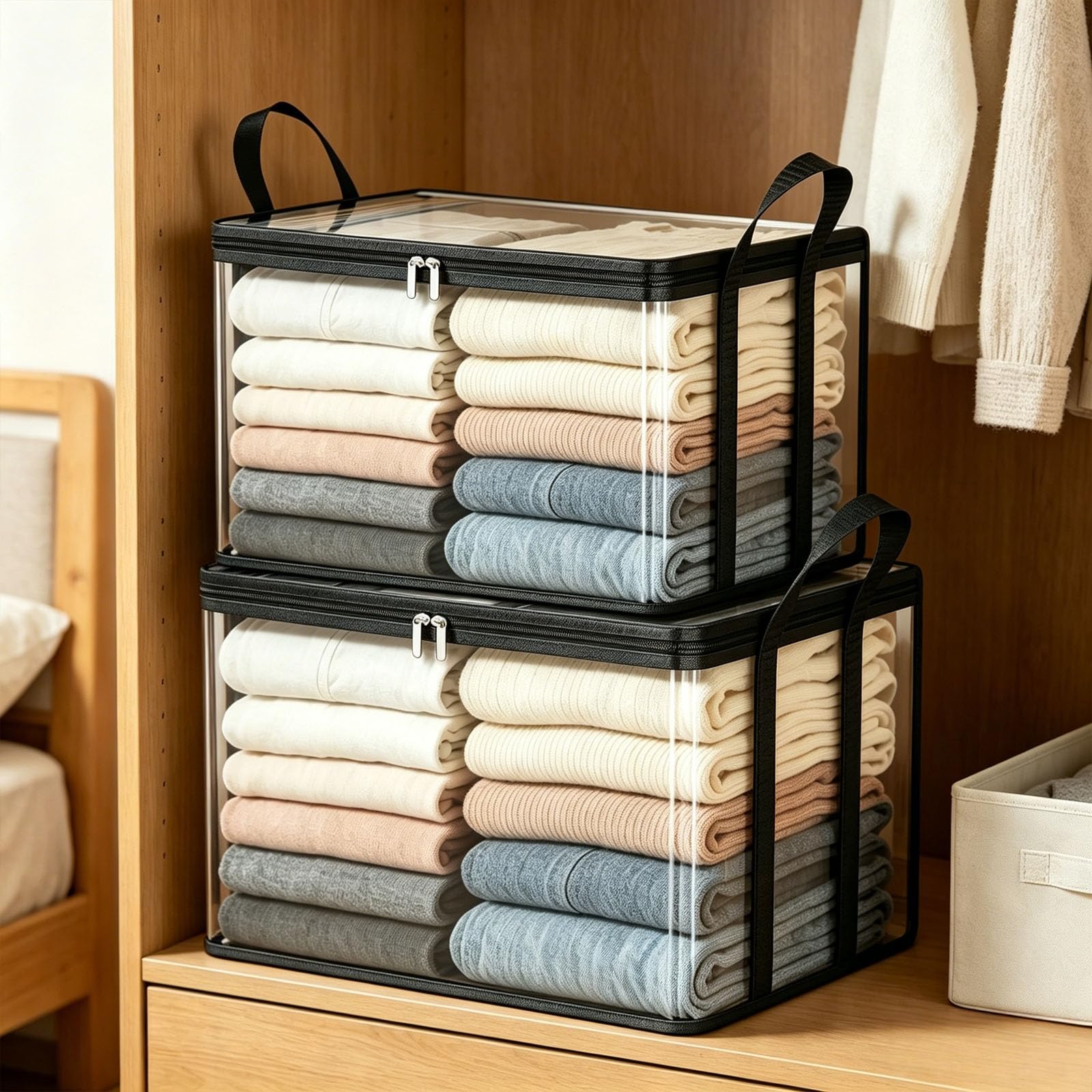 OLYGEE Large Heavy-Duty Thick Plastic Clear Storage Bag with Lids, Handles & Zipper - Stackable Foldable for Clothes, Moving, College Dorm, Home (Black*2)