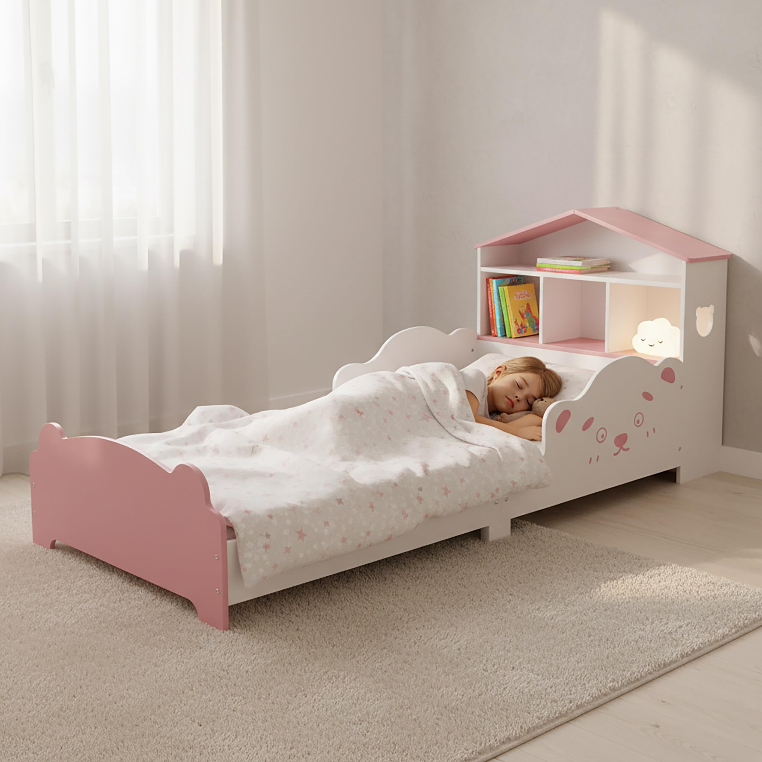 Relaxdays Lettino casetta con ripiano, sponde Anti-Caduta, Rete a doghe, Orsetti, Bianco/Rosa 70x140 cm