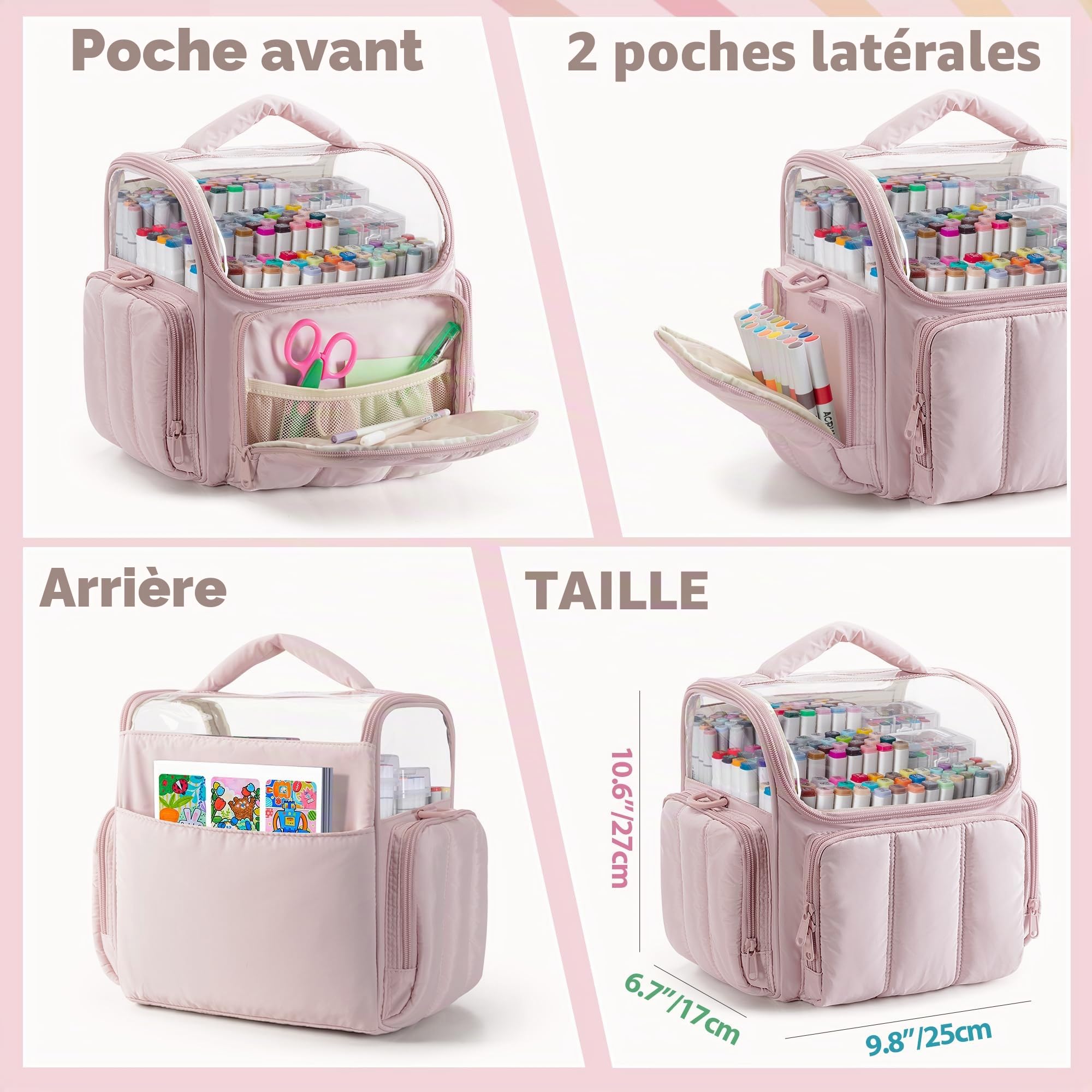 Rexmica Grand Sac de Rangement pour 210 Marqueurs à Dessin, Étui de Rangement Rembourré avec Bandoulière pour Feutre à Alcool pour Adultes, Artistes, Enseignants et Passionnés de Coloriage, Rose