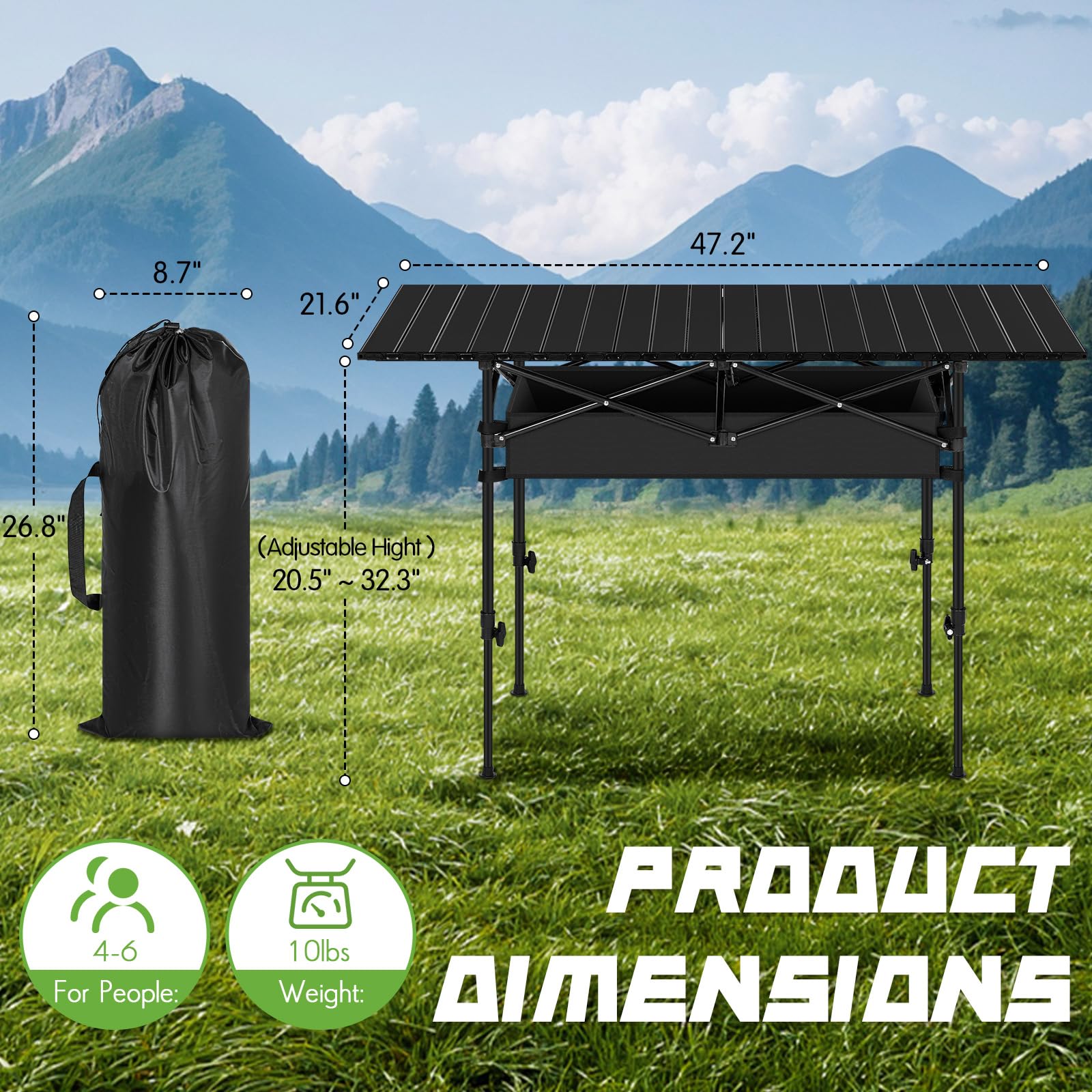 Briwooody Folding Camping Table Large Lightweight Portable Aluminum Roll-up Table Adjustable Height, with Carry Bag for Outdoor Picnic, Camping, BBQ, Backyard, Beach, 4-6 Person