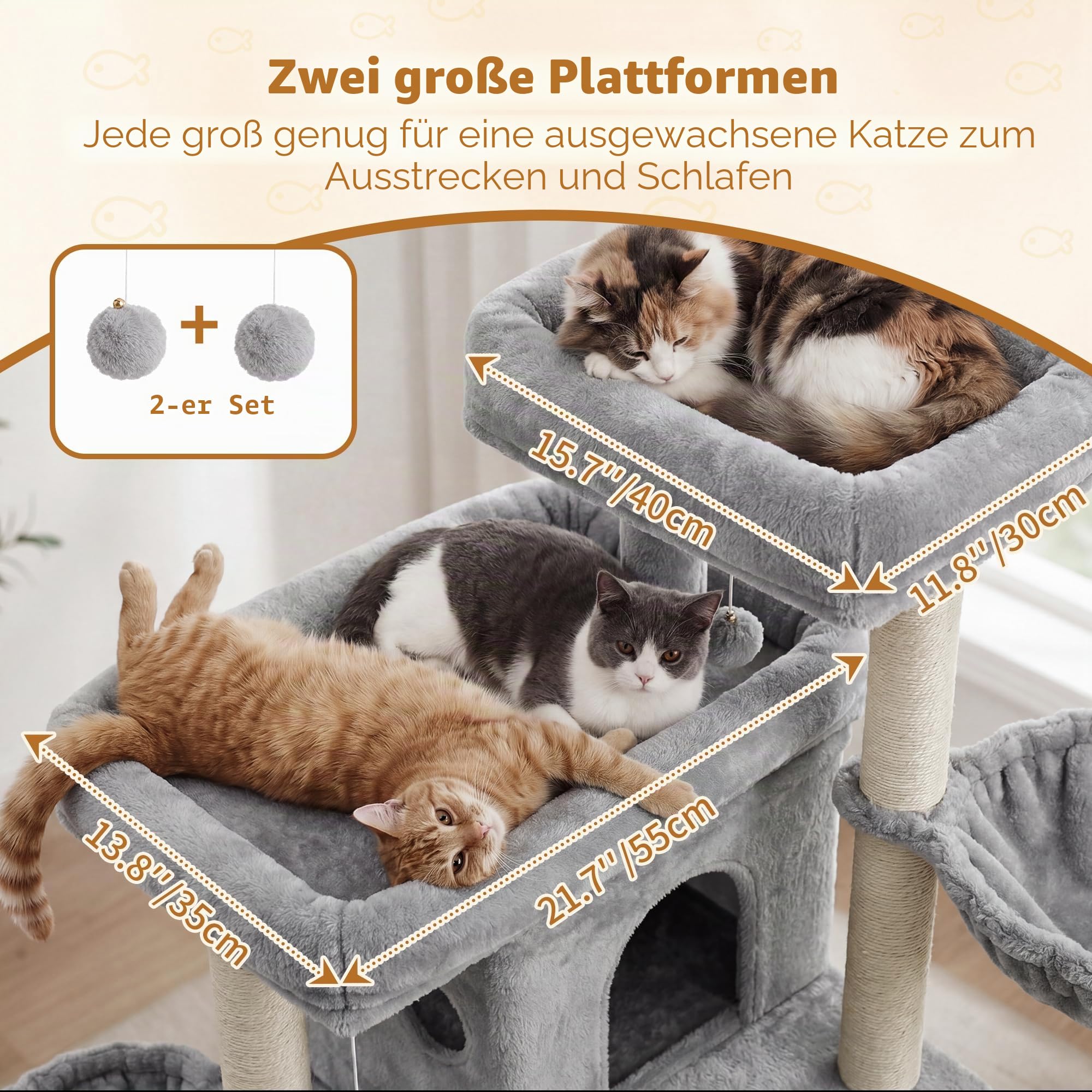 Heybly Kratzbaum 105 cm mit 2 Plattformen und Körben, 2 Plattformen Oben, Doppelte Höhle, 2 Katzenkörbe, Sisalpfosten, Katzenspielzeug, Mehrstöckiges Katzenmöbel Für Innenräume, Hellgrau HCT075W
