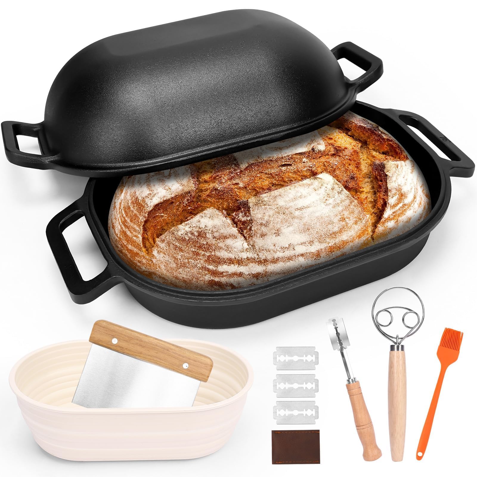 Gusseisen Topf Brot Backen 40cm, Robuste Brotbackform mit Deckel, Gusseisentopf Brotform, Idealer Brottopf Toastbrot Backform mit Brotbacken Zubehör