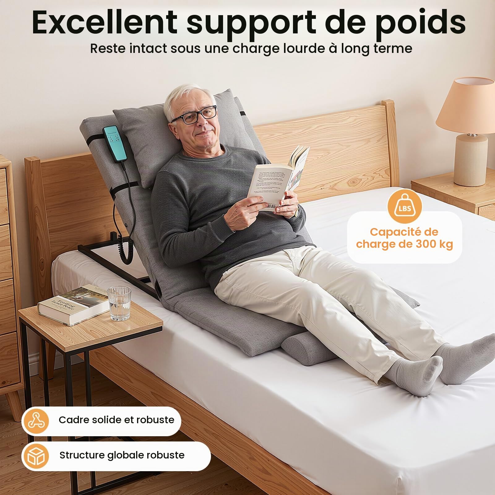 Dossier relevable électrique avec télécommande, 2 à 80 °, charge maximale 300 kg, dossier de lit élévateur avec oreiller, gris
