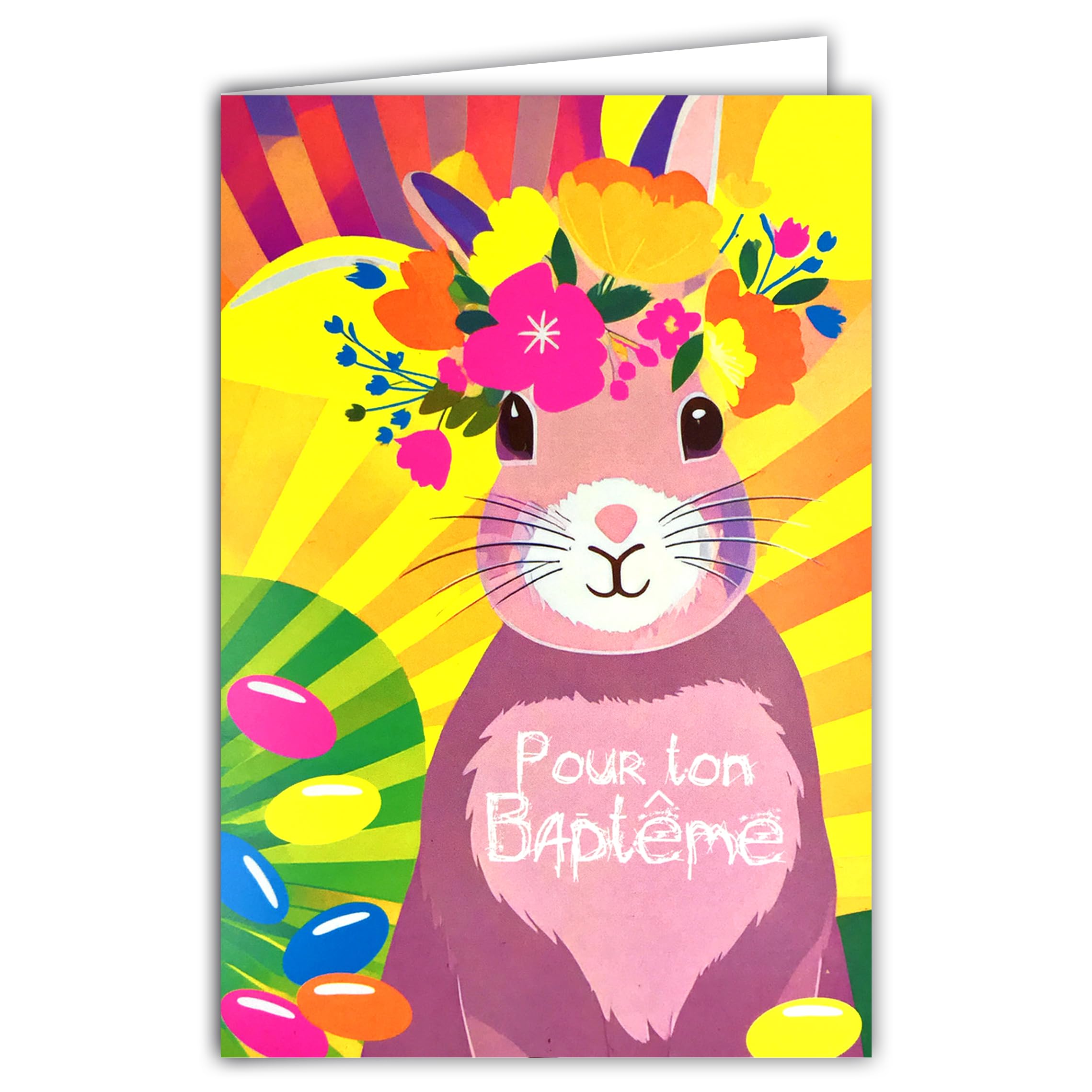 69-8137 Fluorescent Card Congratulations on Your Baptism Religious Christian or Secular Coloured Sugared Sweets Cute Rabbit Flower Crown Sun Ray with Envelope 12 x 17.5 cm – Created and Made in France