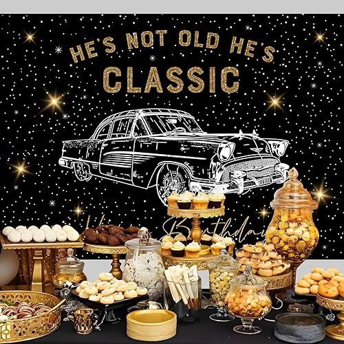 Miniatura 4 de InMemory Telón de fondo retro clásico de cumpleaños para automóvil, divertido con texto en inglés "He's Not Old He's Classic, cartel brillante negro