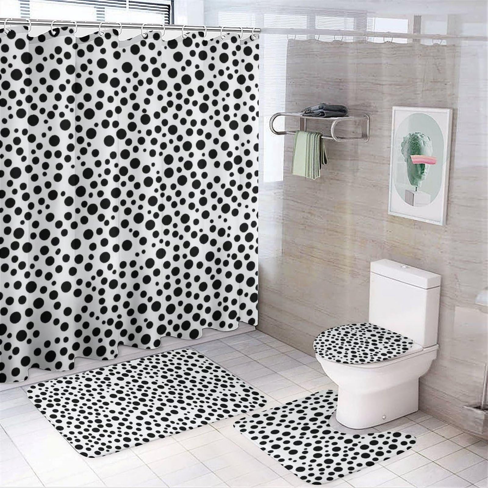 Black and White Dot Printed Pattern Print Four Piece Bathroom Set 183 * 183cm Shower Curtain, Non-Slip Floor Mats, U-Shaped Mat, and Toilet Lid Cover