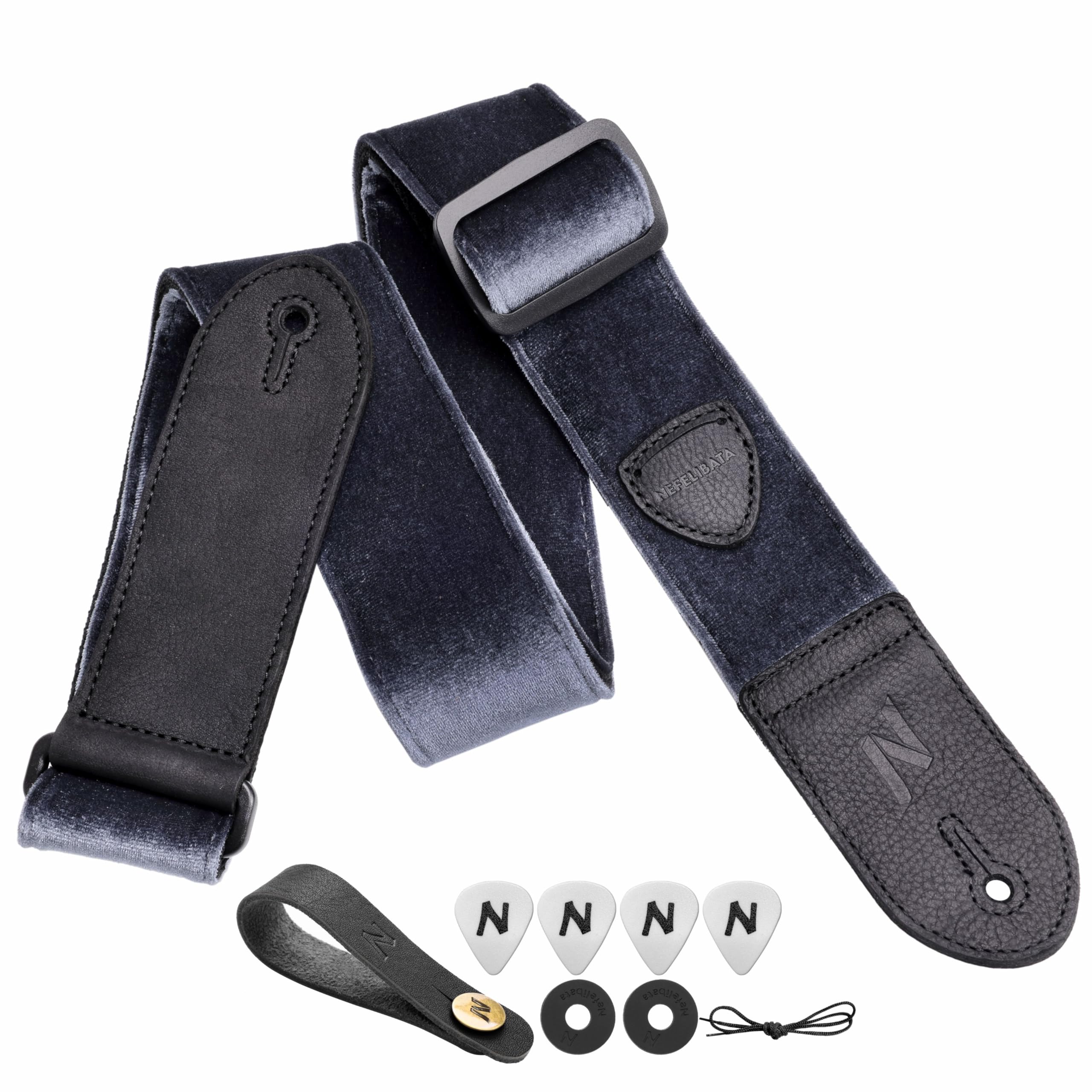 Nefelibata Guitar Strap,Double Full-Grain Leather Ends,Vintage Velvet Strap/FREE BONUS-4 Picks+Locks+Strap Button,Gift For Bass,Electric&Acoustic Guitars(Vintage Gray)