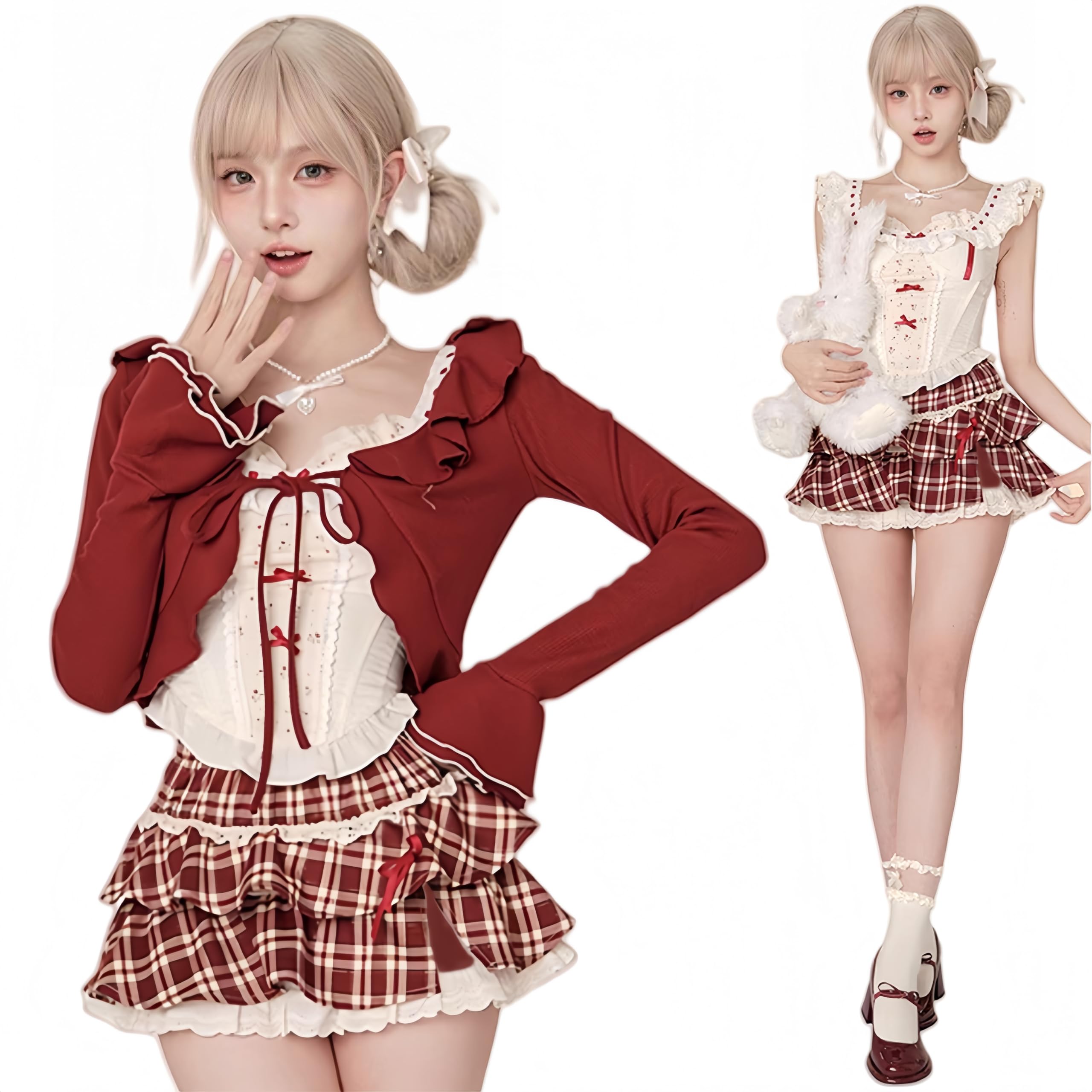 Ligwon Mine-Based Clothes, Cosplay, 3-Piece Set, Red Cardigan, Tank Top, Check Flare Scar, Sweet Girly, Cute, Women's, Fashion, Harajuku, Korean, Spring, Summer, Autumn, Halloween, Christmas - Small
