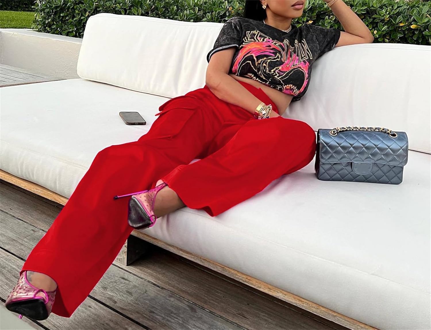 Women Satin Cargo Pants High Waisted Straight Wide Leg Casual Pants Multi Pockets Club Y2k Trousers