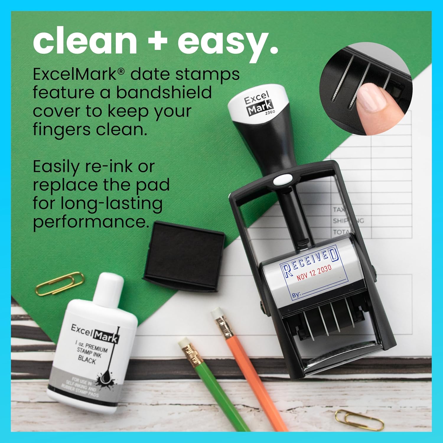 ExcelMark Heavy Duty Self-Inking Date Stamp (Blue/Red, Received)
