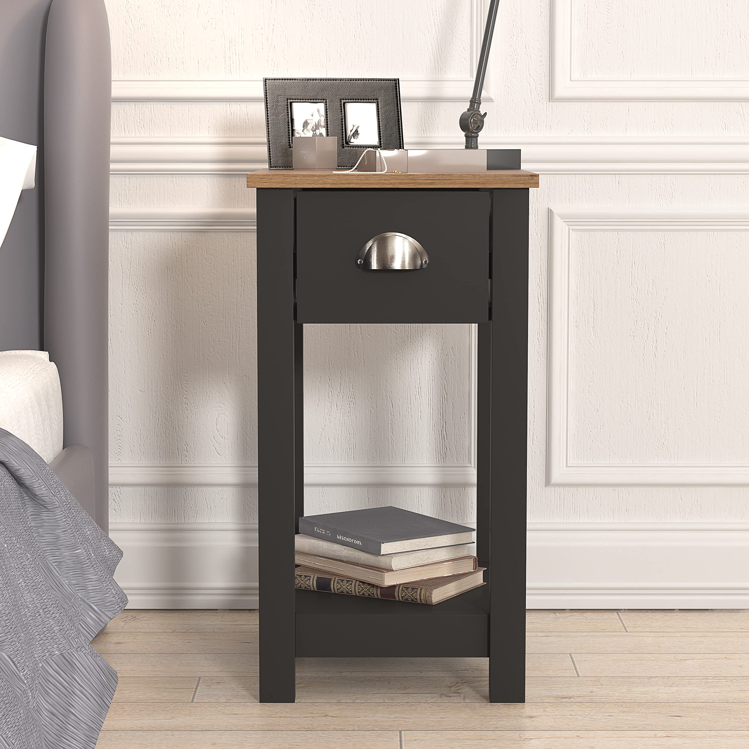 Galano Lilly Bedside - Stylish Side Table with Storage - Slim Bedside Table Drawer - Bedroom Furniture - Storage Cabinet for Hallway, Entryway - Fossil Grey with Beaufort Oak