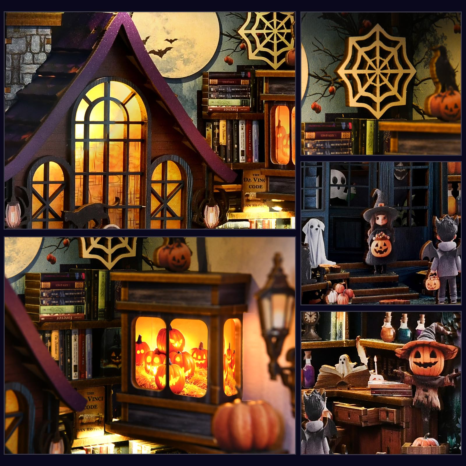 DIY Book Nook Kit- Decorazione fermalibri a forma di antico castello per Halloween, kit per angolo lettura in miniatura per casa delle bambole con luce LED, kit per angolo lettura per adulti