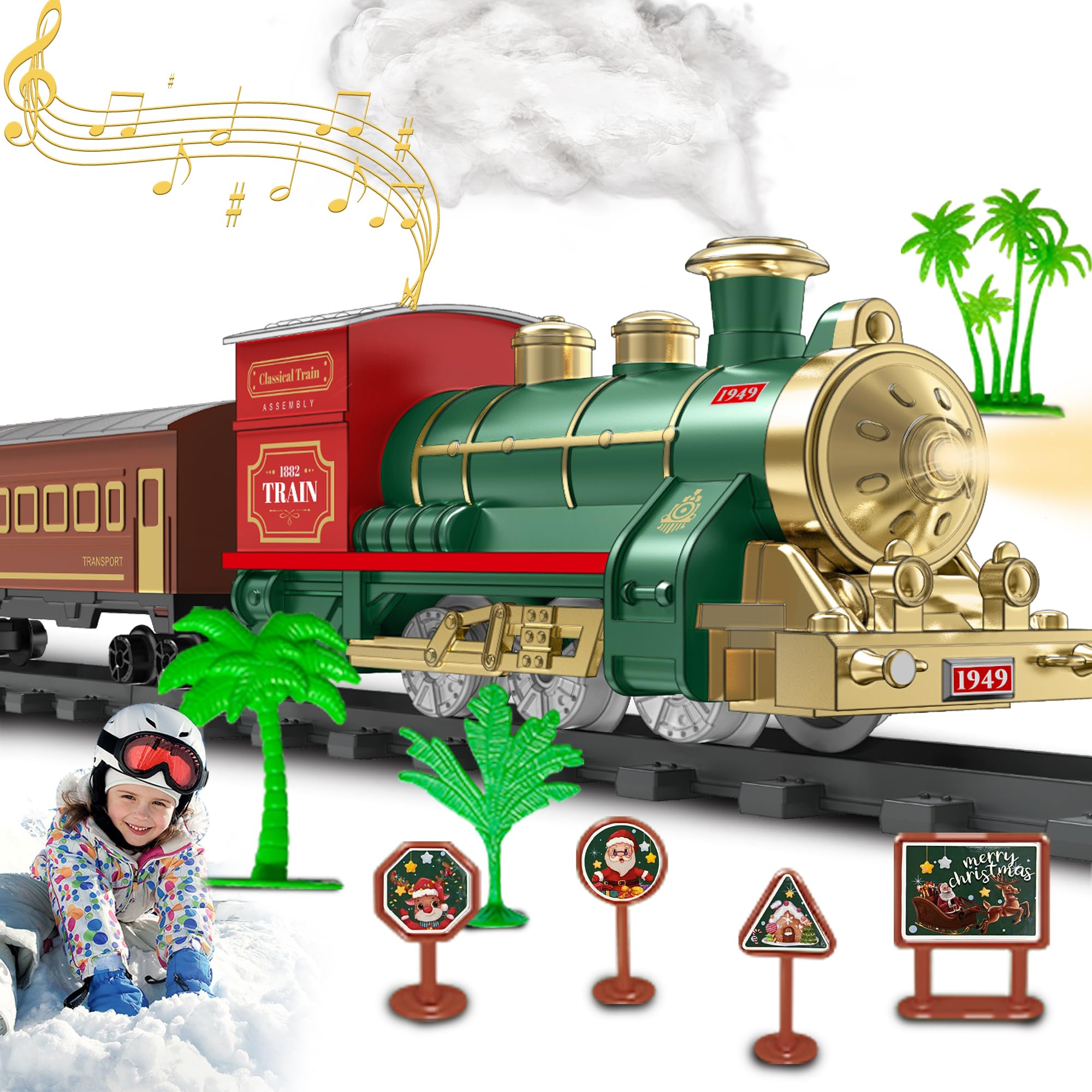 Jeu de train électrique pour enfants, train de Noël avec fumée, lumière et son pour dessous de sapin de Noël, trains modèles pour enfants de 3, 4, 5, 6, 7, 8 ans et enfants
