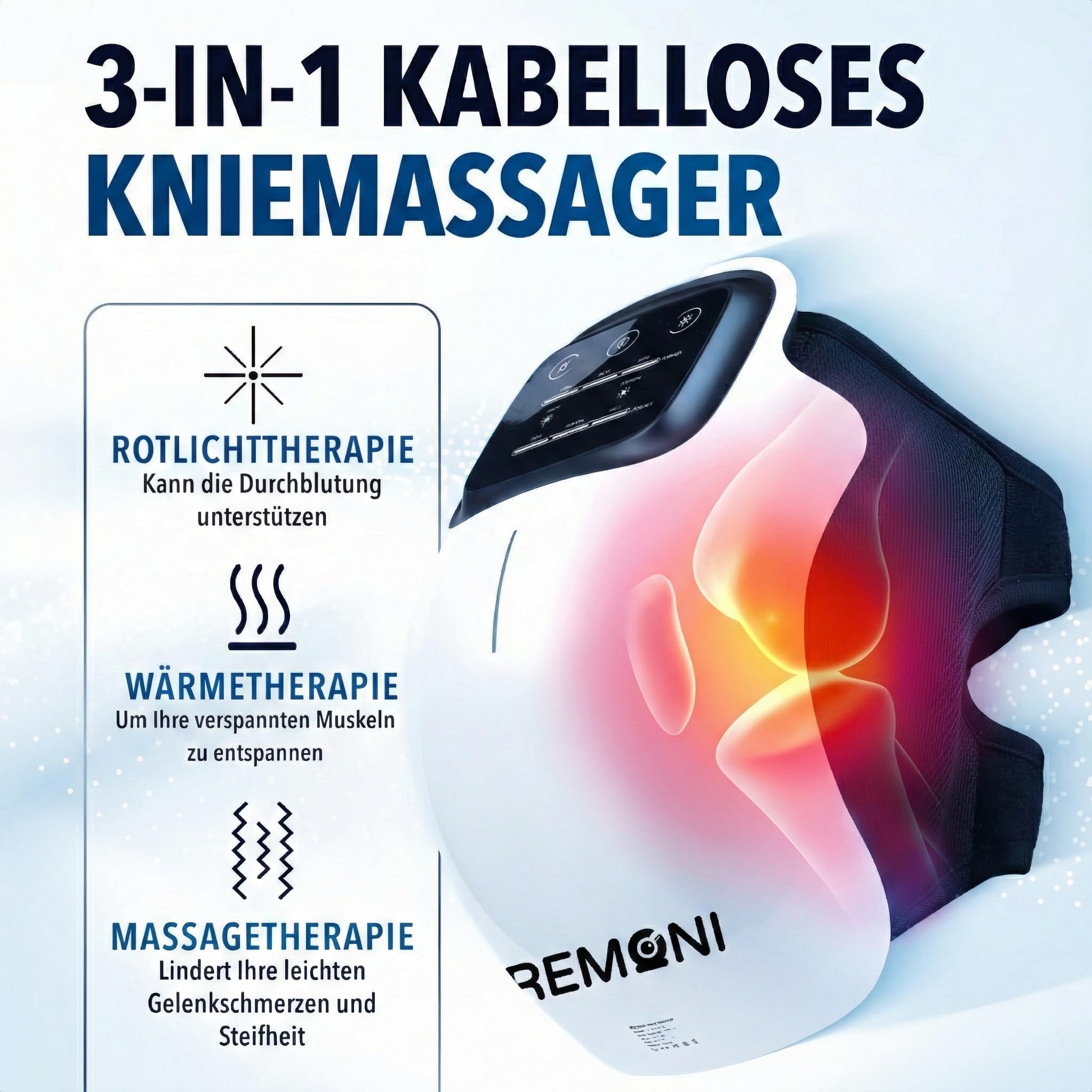 Knie Massagegerät mit Infrarot & Wärme, Kabelloses Vibrationsgerät für Kniegelenke, 3 Wärmestufen & Rotlicht, Kniebandage für Entspannung & Regeneration, Timer & Touchscreen, 700g (Grau)