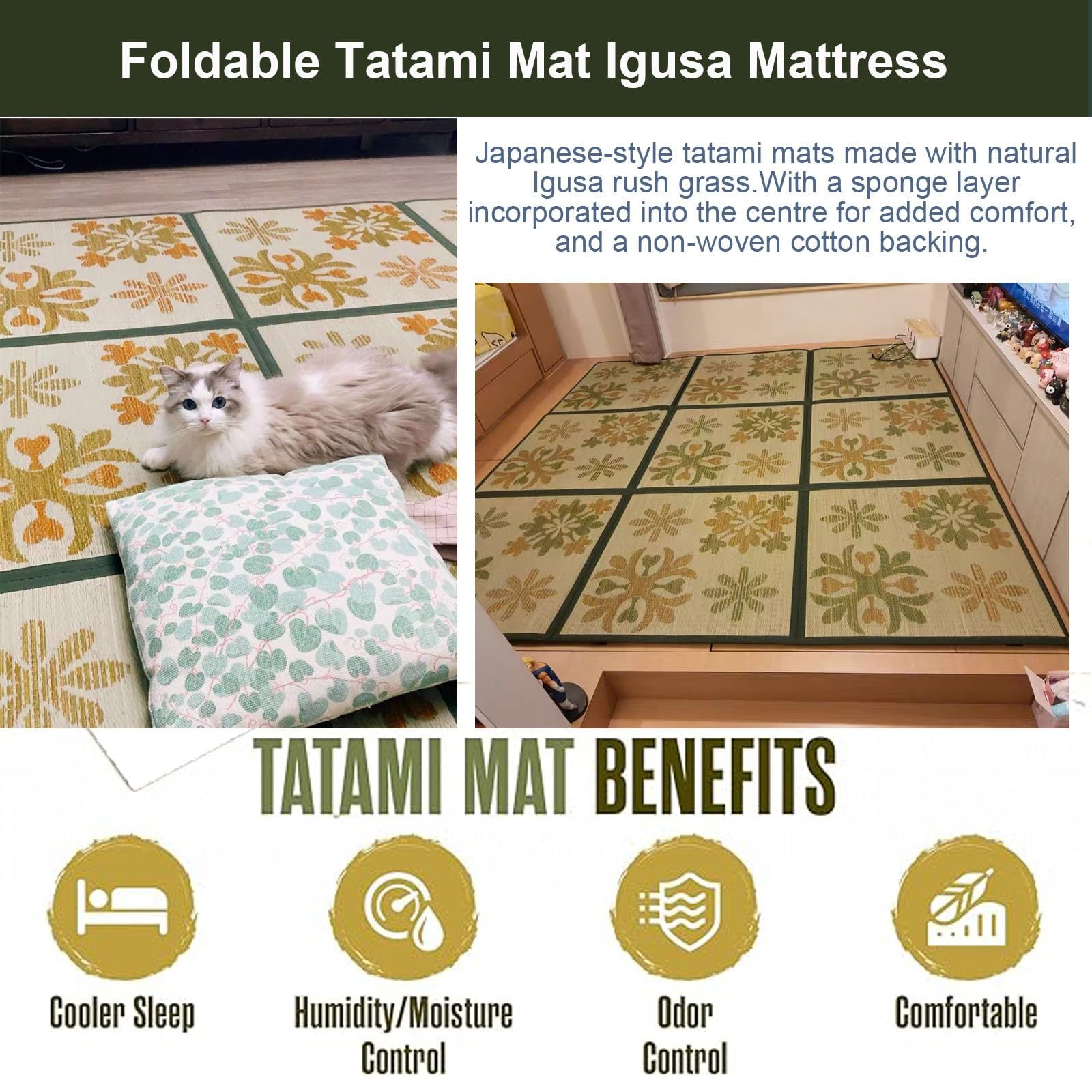 Tatami Mat Pliable Igusa Matelas Japonais Rush Herbe Sol Sommeil Futon(Yellow,195x195cm)