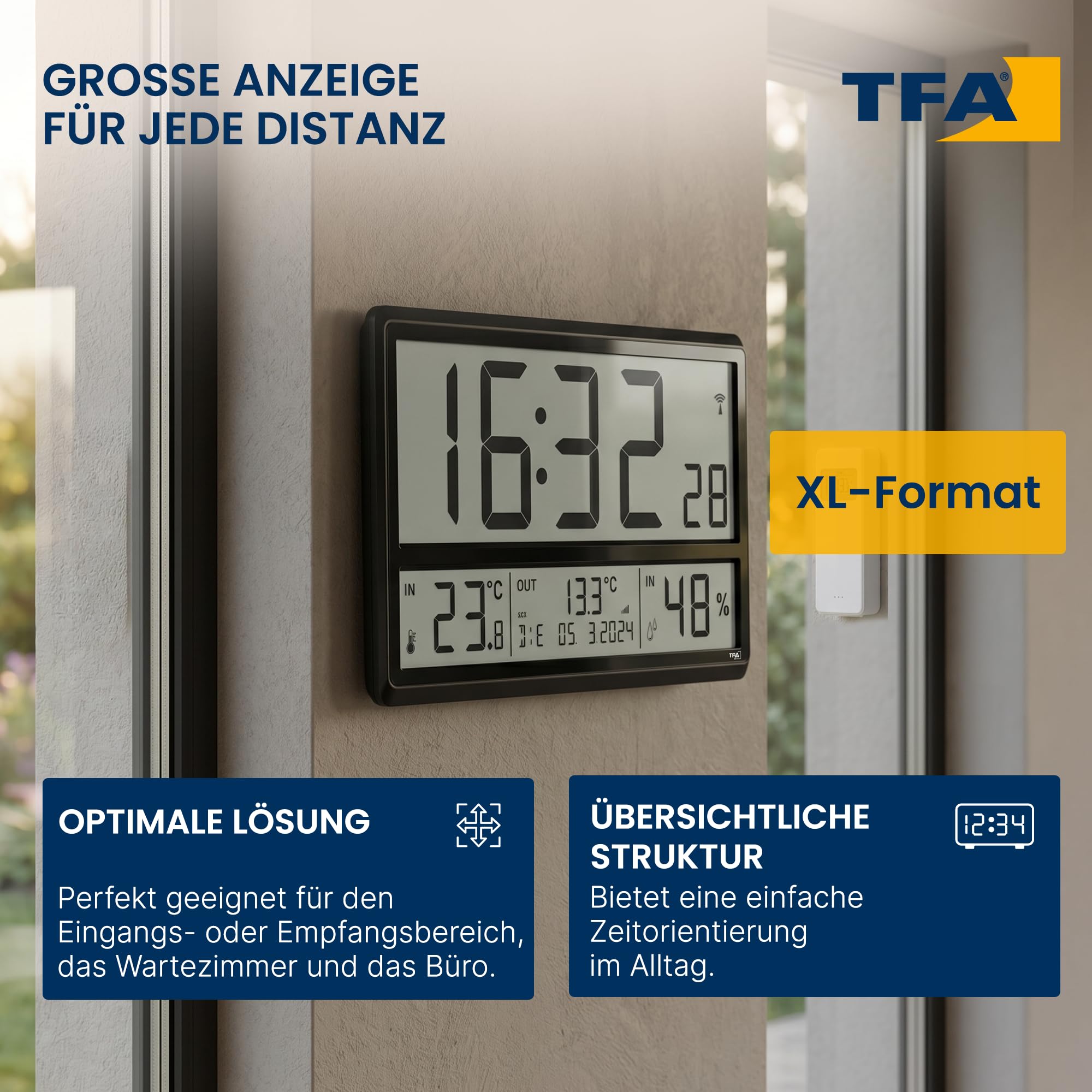 TFA Dostmann Digitale XL Wanduhr, 60.4523.01, mit Außentemperatur und Raumklima, Funkuhr, 24h Anzeige, vollständiges Datum, schwarz, (L) 360 x (B) 235 x (H) 28 (84) mm