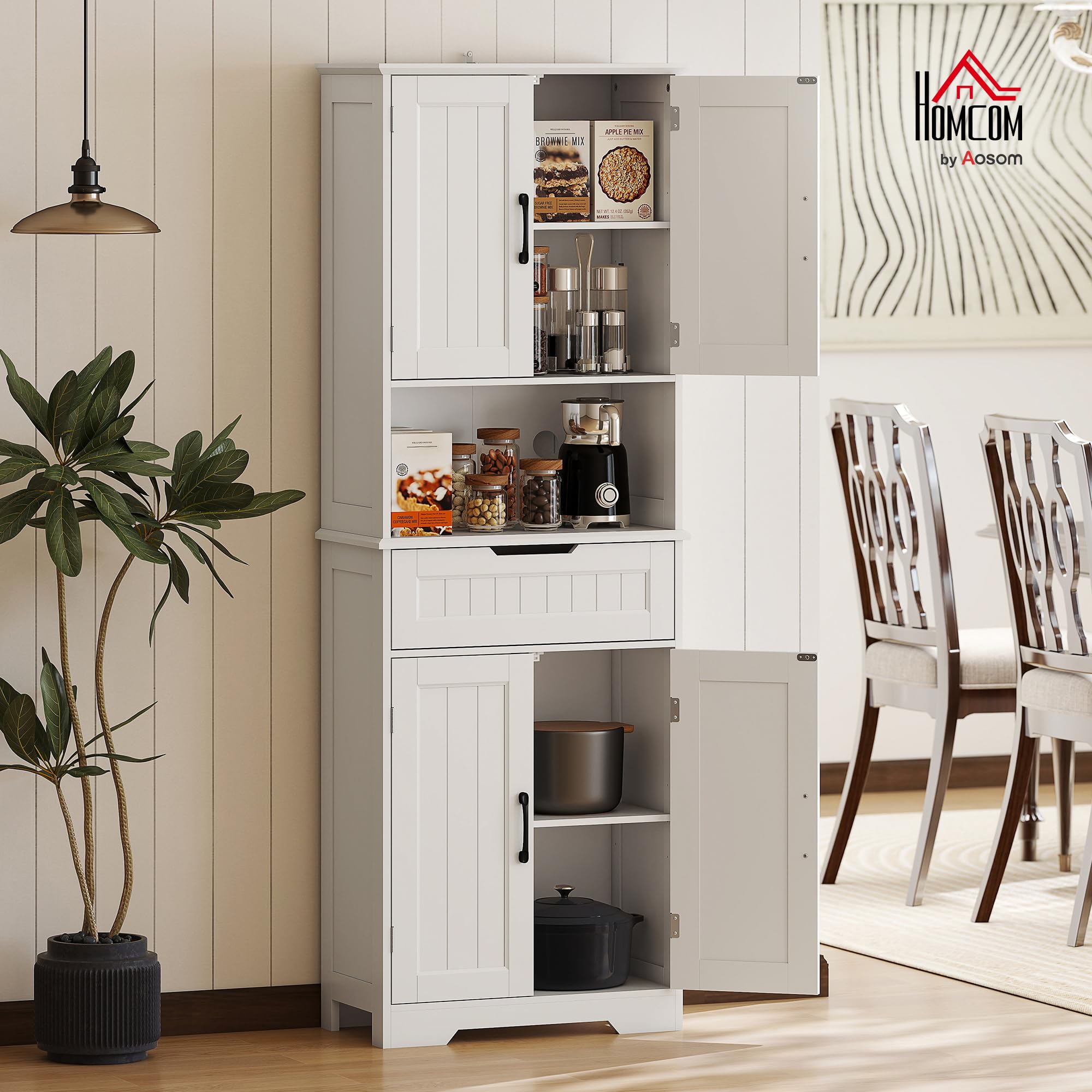 HOMCOM Credenza Cucina Alta, Mobile Dispensa con Foro Passacavi e Piano Portamicroonde, Mobile Cucina con 2 Armadietti, Cassetto, Ripiani Regolabili, per Sala da Pranzo, Soggiorno, 60x30x172cm, Bianco