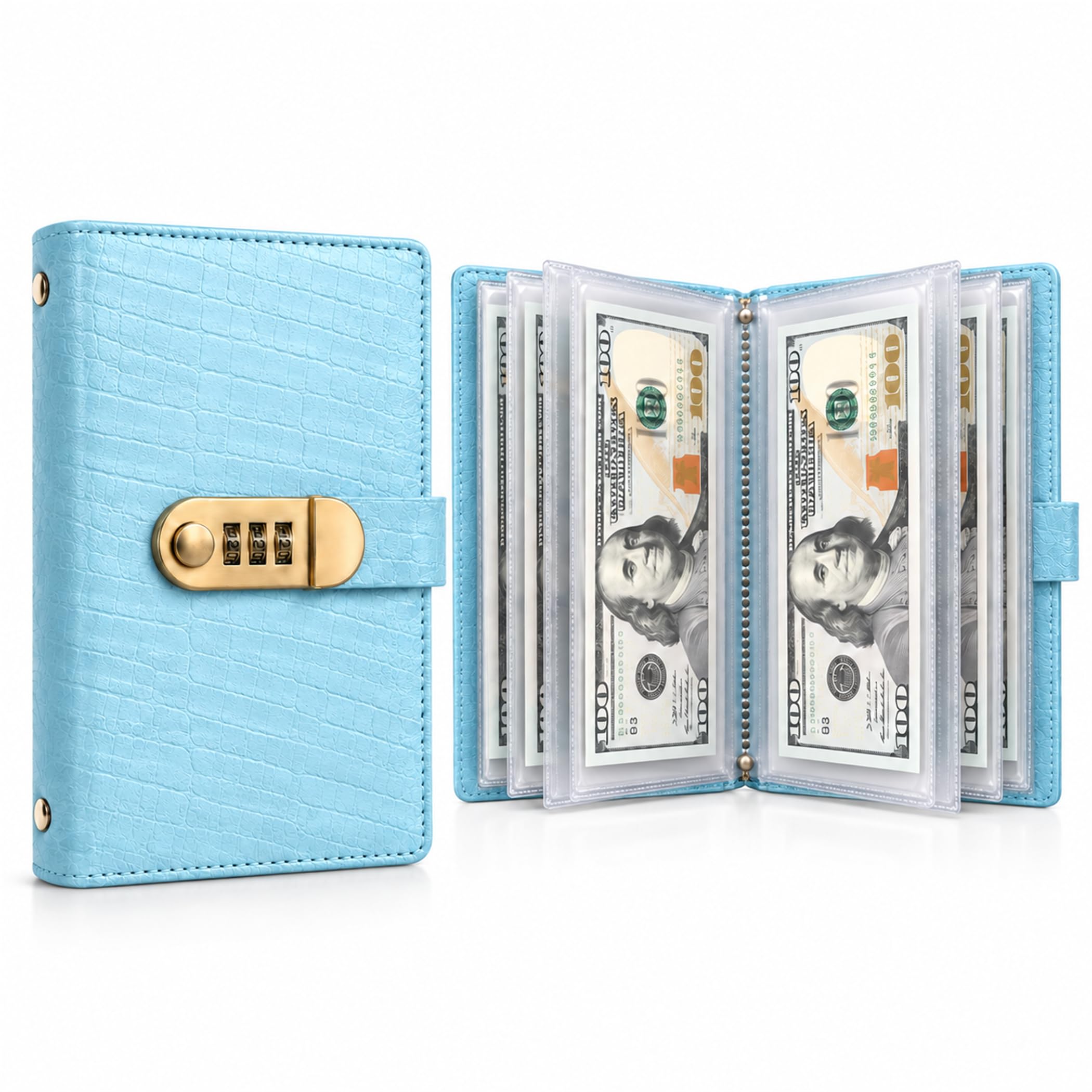 Lockable Savings Notebook, 100 Envelopes Money Saving Challenge Binder (Blue)