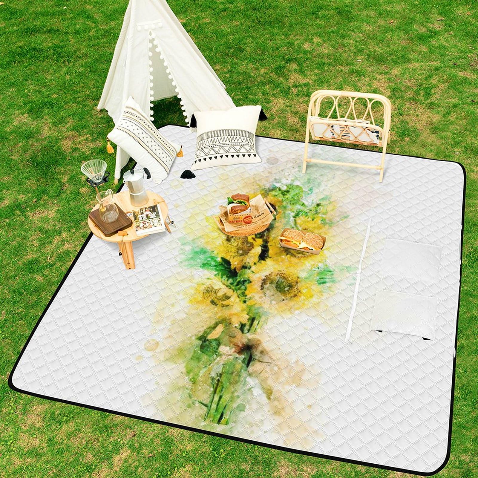 3D Impression Watercolor SunFleurs Couverture Pique Nique Tapis Pique Nique Nappe Picnic Couverture De Pique-Nique pour Le Voyage, Le Camping, Les Vacances, Etc 200x200cm