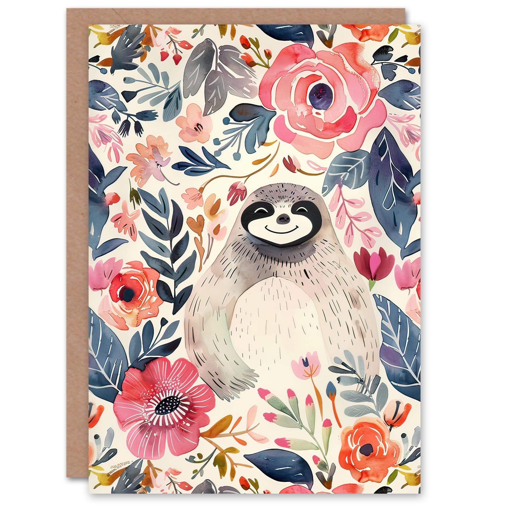 Artery8 Greeting Card Happy Sloth Smiling Pink Anemone Floral Pattern Blank For Him Or Her Art Birthday Card