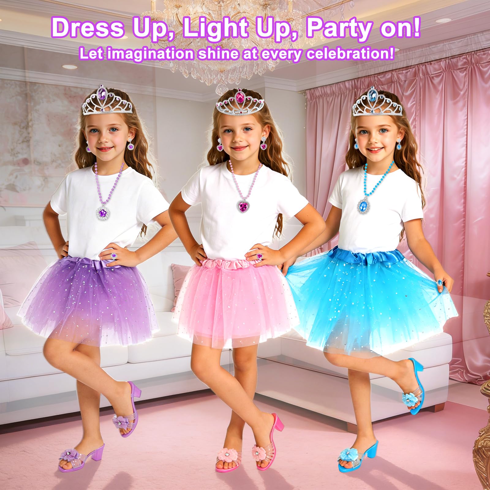 Fille Robe Princesse avec 3 Paires Chaussures Talon Enfant, 3 Jupes, Couronne, Collier, Cadeaux Halloween Noël