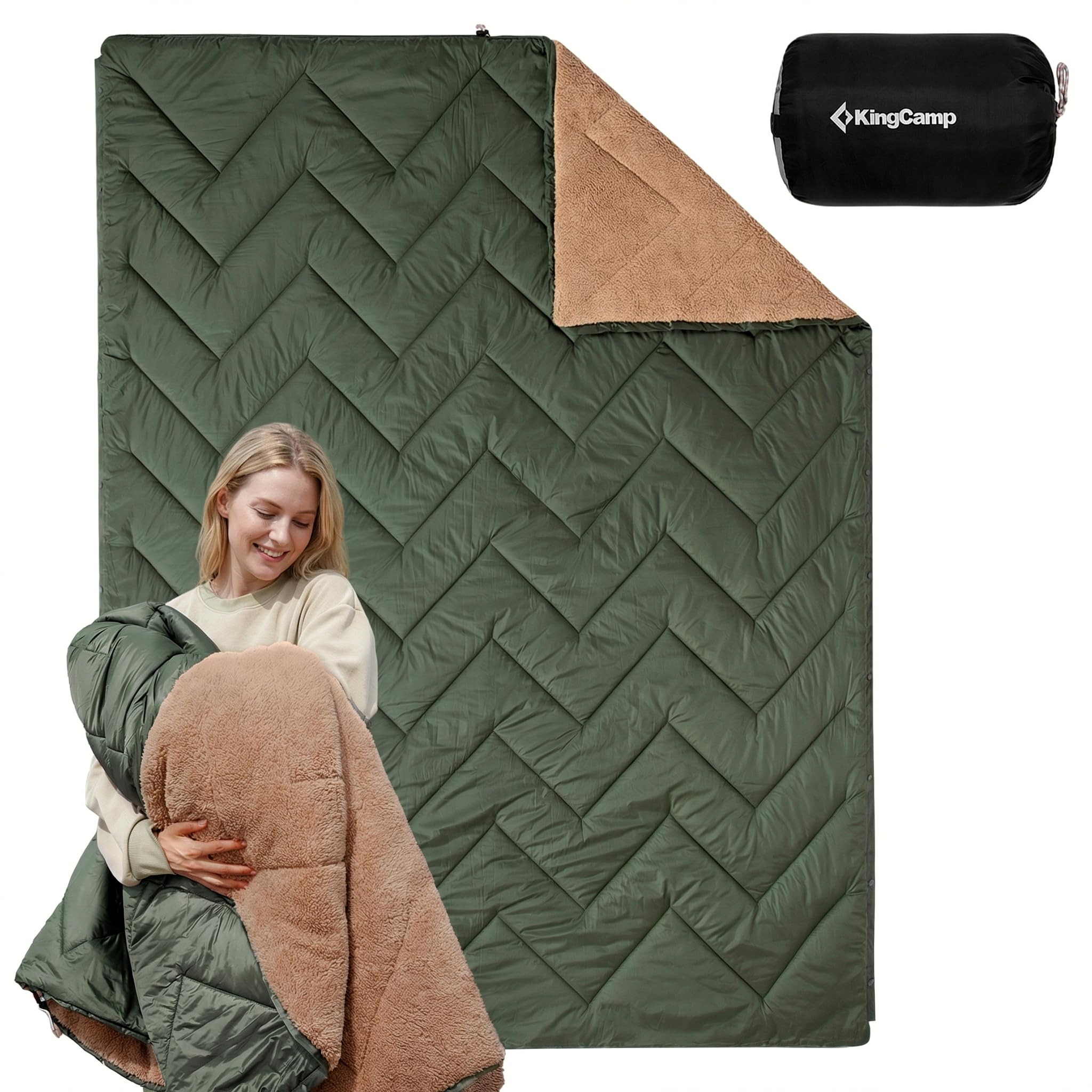 KingCamp Camping Blanket Thermal,All-Weather Warm Sherpa Fleece,Travel Blanket, Camping Quilt,Camping Equipment for Picnic,Hiking,Car,Outdoor & Indoor (Khaki/Olive,200x145cm)