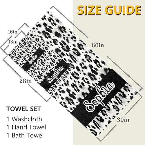 Miniatura 6 de Juego de 3 toallas personalizadas con estampado de leopardo negro con nombre (1 toalla de playa, 1 toalla de cara, 1 toalla de mano), juego de