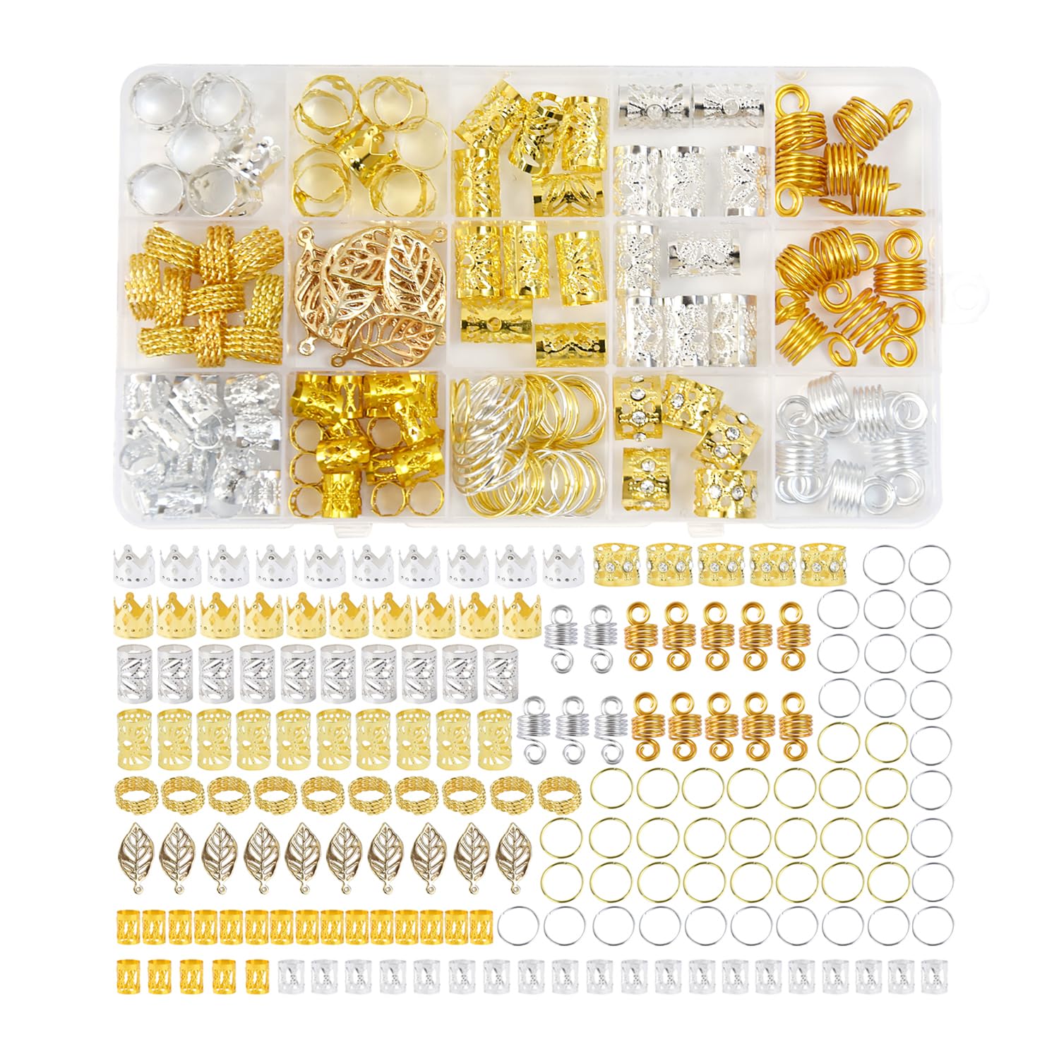 170 Pieces Hair Jewelry Cuffs Charms Rings for Braids Locs Metal Dreadlocks Beads Accessories, Gold and Silver, 1 count (Pack of 170)