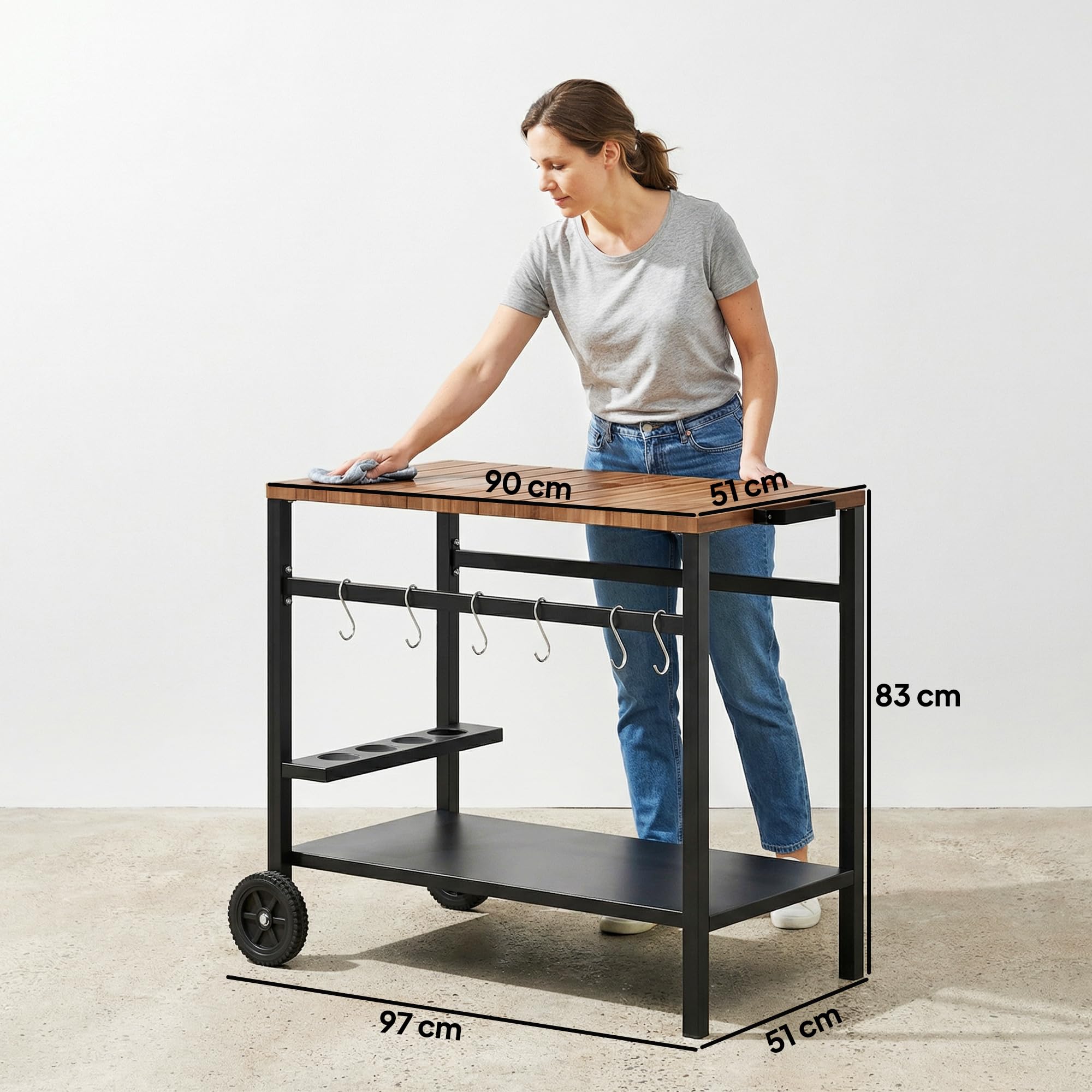 Outsunny Carrito de Barbacoa de 2 Niveles Mesa Auxiliar para Barbacoa Móvil con Ruedas Portabebidas Ganchos Asa Encimera Imitación Madera Mesa de Horno de Pizza para Exterior Negro y Marrón