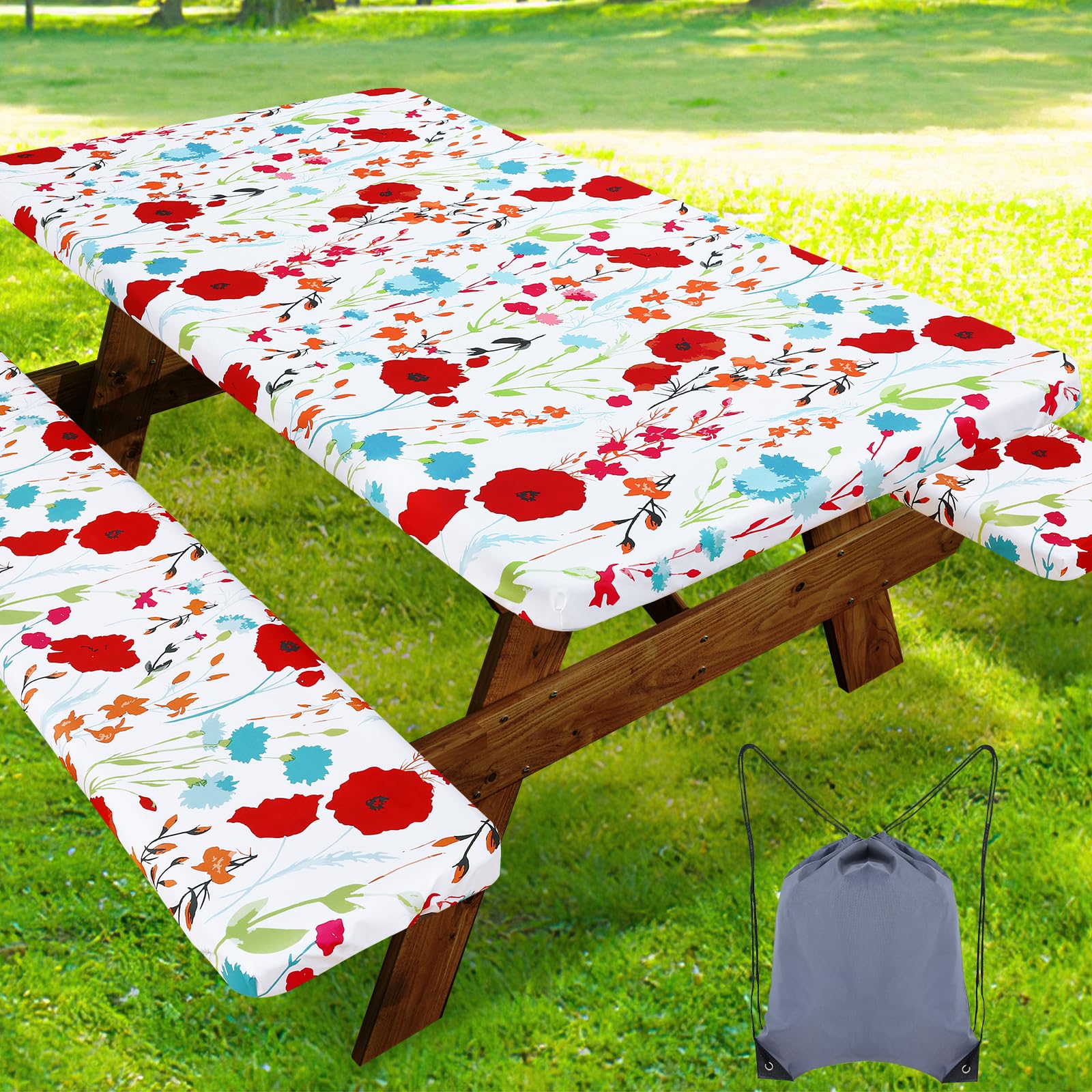 Smiry Picnic Table Cover with Bench Covers, Waterproof Elastic Fitted Tablecloth for 6 Foot Tables, Washable Polyester Tablecloths for Camping, Indoor &amp; Outdoor (Flower, 30x72 Inch 3-pc Set)