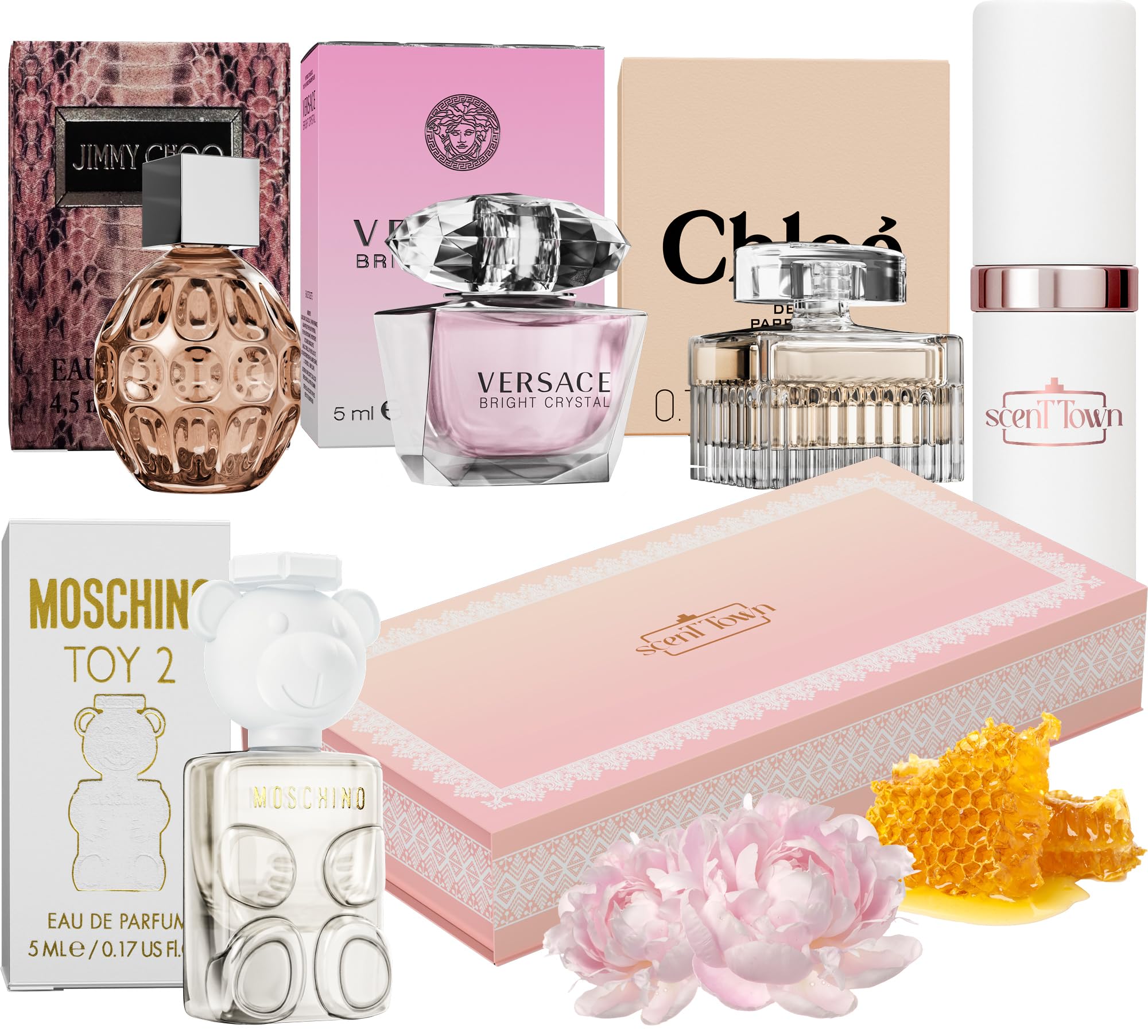 Women's Perfume Gift Sets Bundle Mini Bottle – Designer Womens Perfume Sampler Sets with Refillable Atomizer – Bundle Includes Versace, Moschino, Chloe, Jimmy Choo Travel Size 0.15 Oz Each
