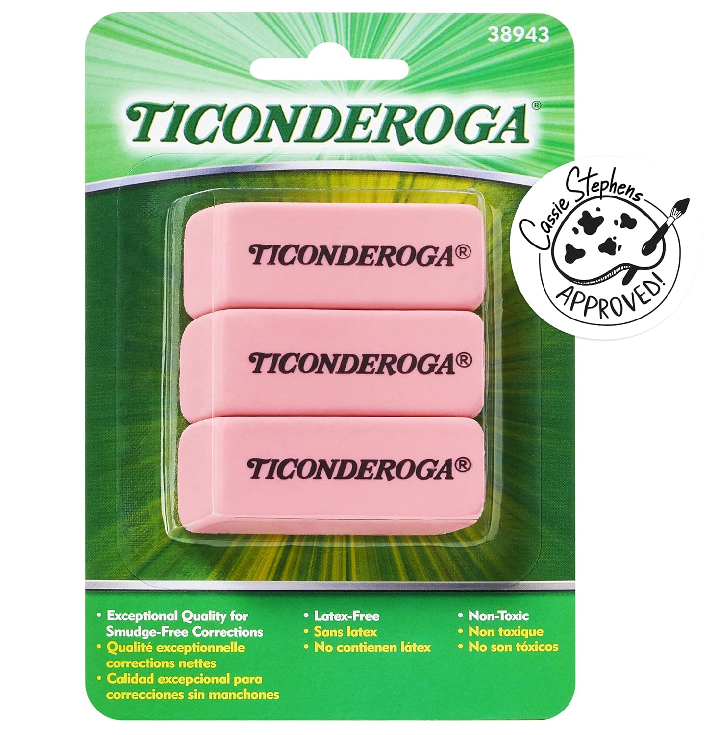 Ticonderoga Pink Carnation Erasers, Pack of Three Erasers, Medium, 25/