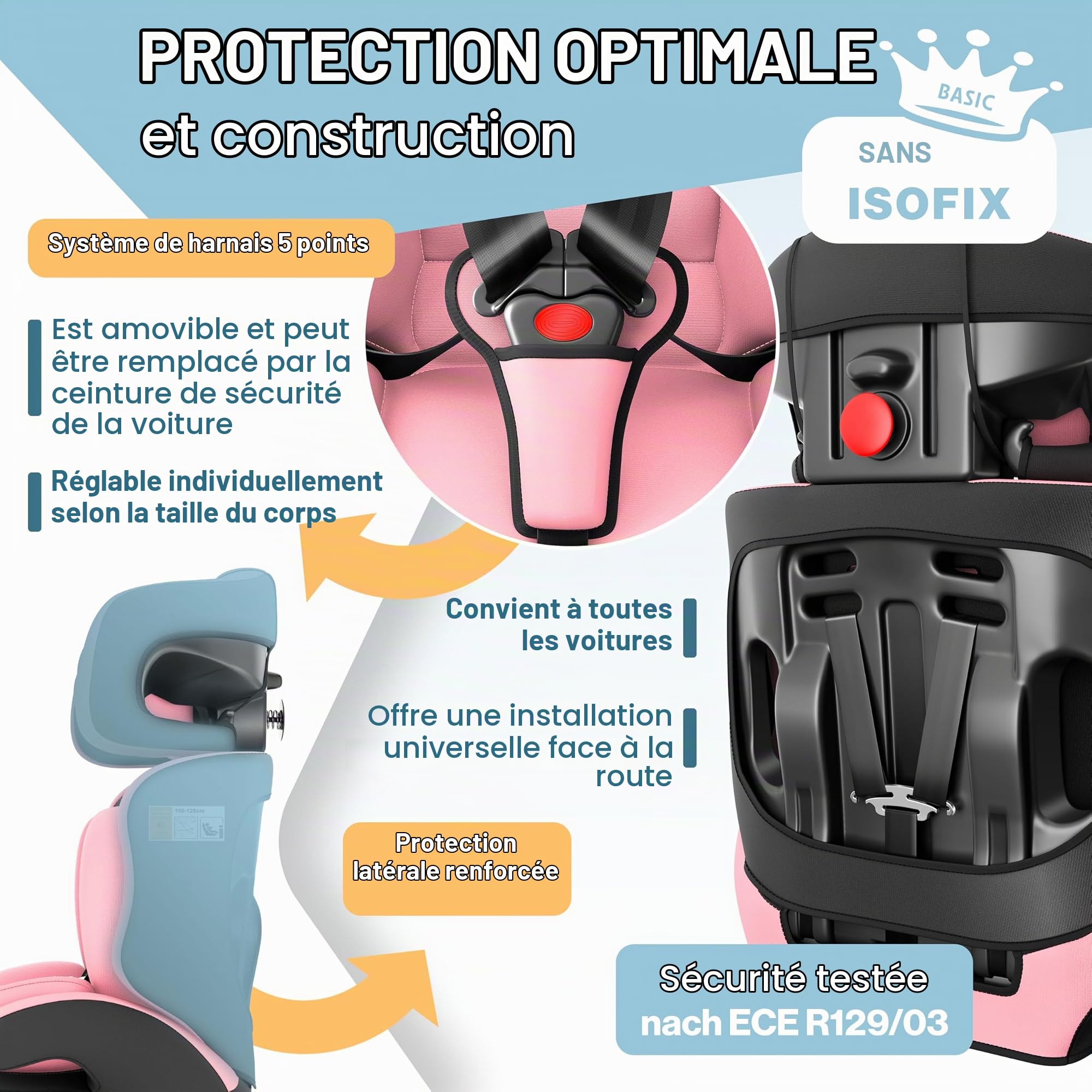 KIDIZ® Siège auto i-Size R129 de 100 à 150 cm à 12 ans, groupe 1/2/3, sans isofix, siège enfant évolutif, ceinture 5 points et appuie-tête réglable en hauteur, rose