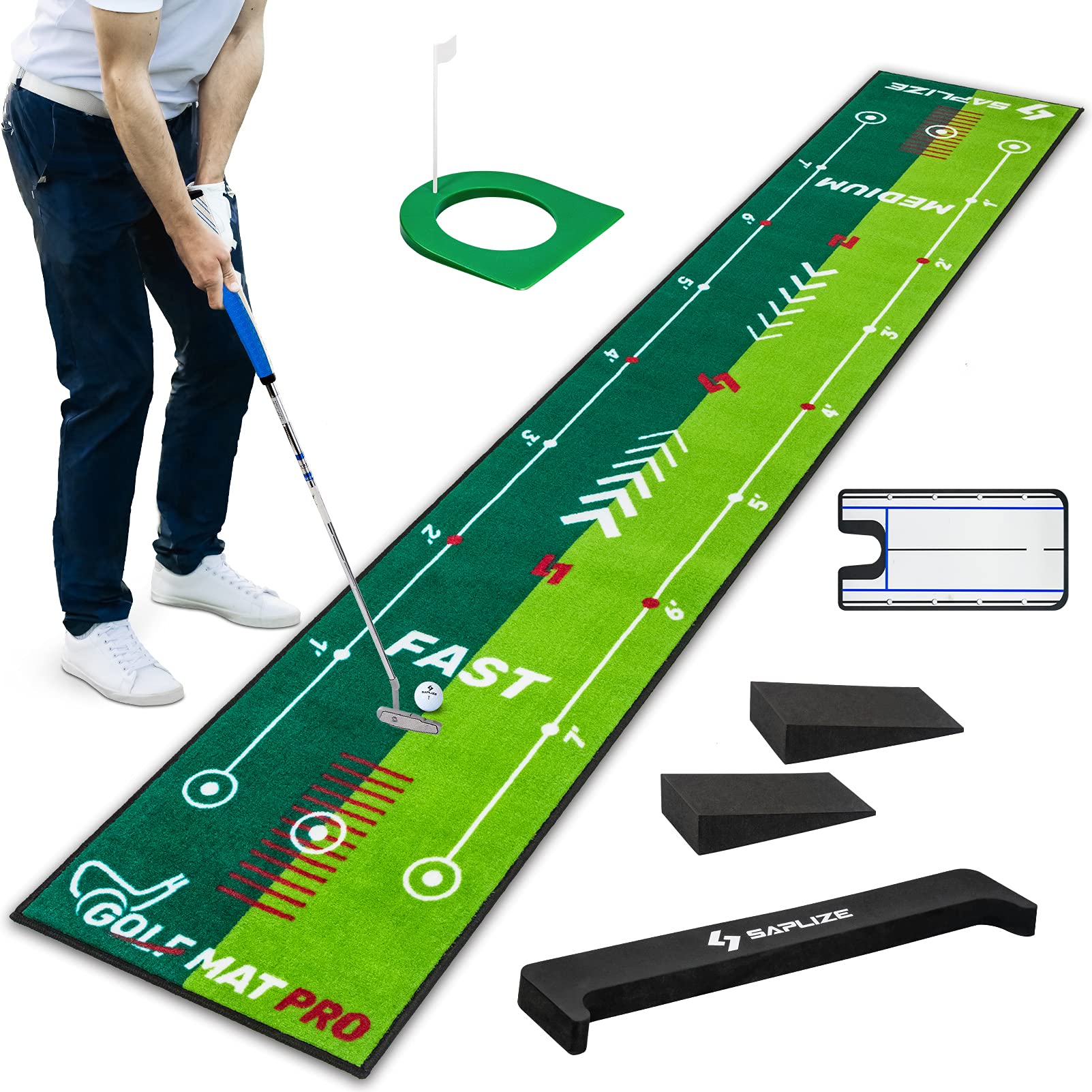 SAPLIZE Two-Speed Golf Practice Mat with Alignment Mirror, 20 in X 10 ft Training Aid Mat, Anti-Slip Backing Golf Putting Green for Indoor/Outdoor