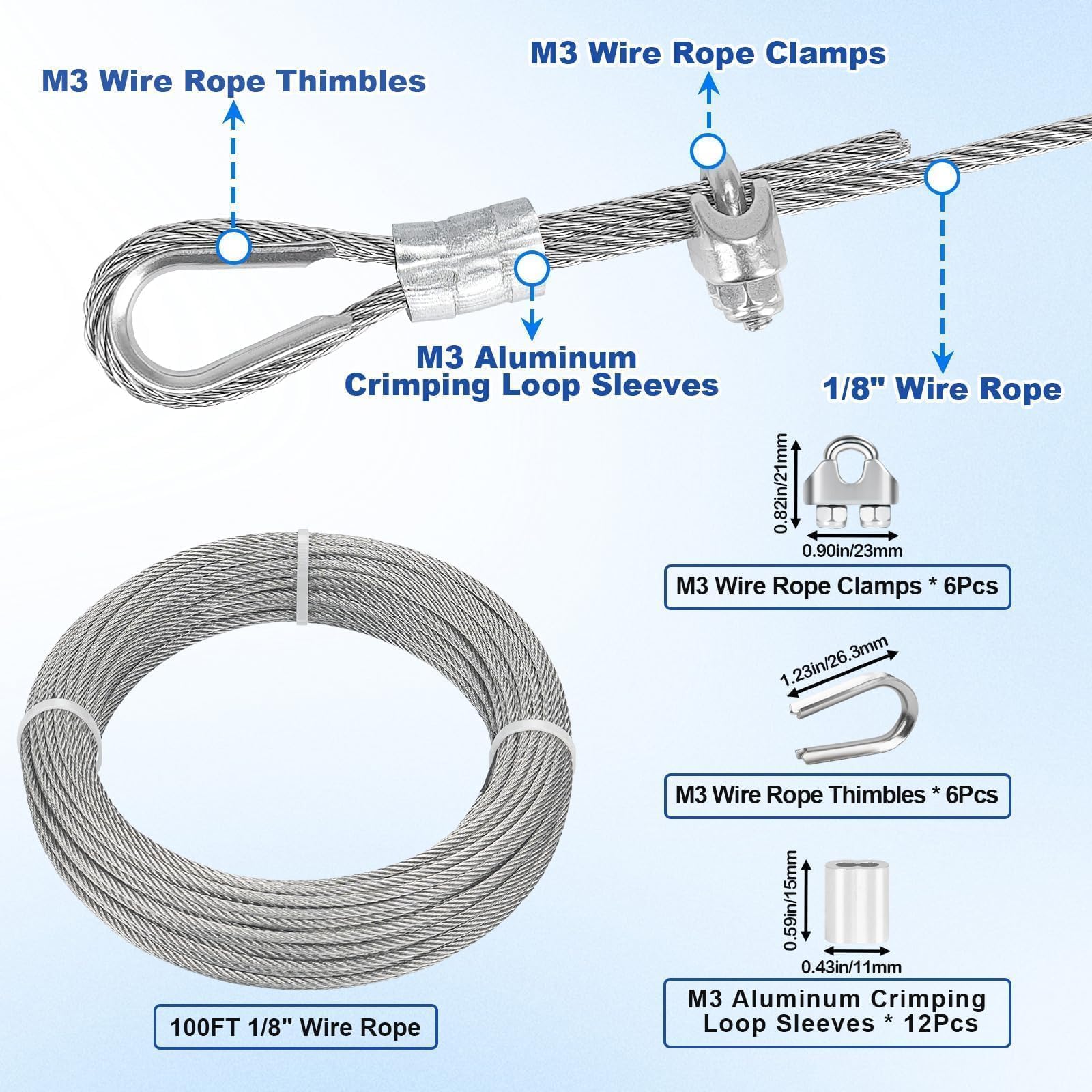 TooTaci 3mm Drahtseil Edelstahl, 30M/3mm Stahlseil mit ösen, 12 Stück M3 Crimphülsen & 6 Stück M3 Seilklemme, 6 Stück Kauschen, 7×7 Edelstahlseil Spanndraht für Zaun, Gardinenseil, DIY Hängen