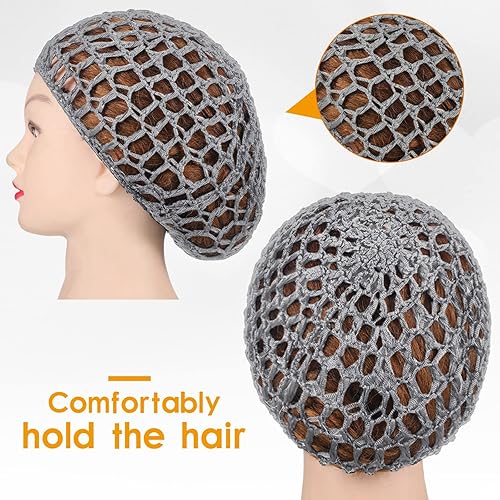 Miniatura 4 de Geyoga 2 piezas de malla de ganchillo para el pelo de rayón tejido de red de punto de redecilla de ganchillo gorra de dormir para mujer, Gris