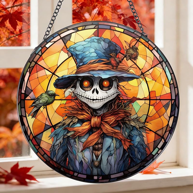 Enfeite de Janela Halloween em Estilo Vitral com Caveira Rngmsi, Redondo, 19,8 cm