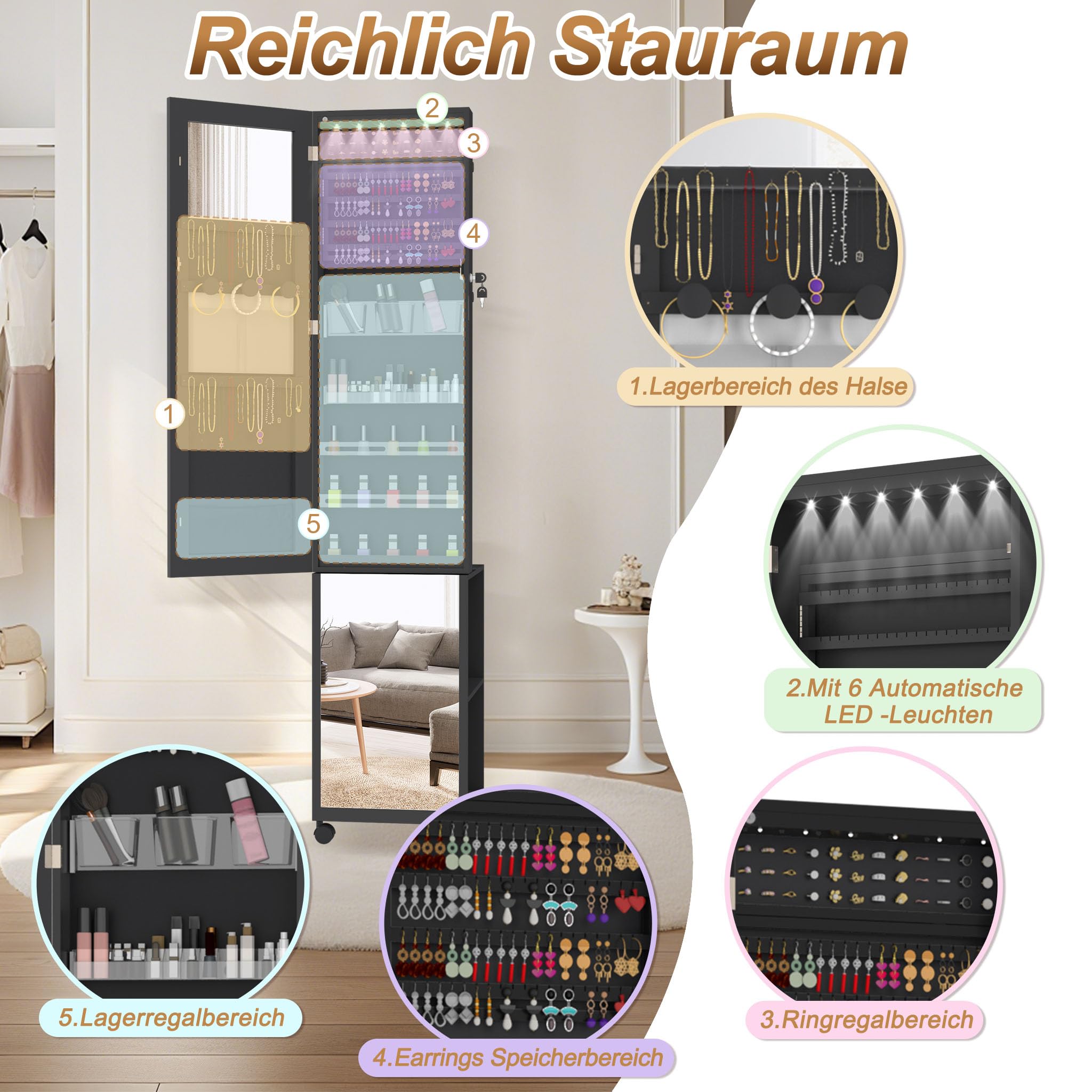 FIVMEN Schmuckschrank mit Spiegel Spiegelschrank Schminkschrank mit Rollen und 6 LEDs Abschließbar Schmuckaufbewahrung Make-Up Organizer 3 in 1 mit Ganzkörperspiegel Standspiegel, Schwarz
