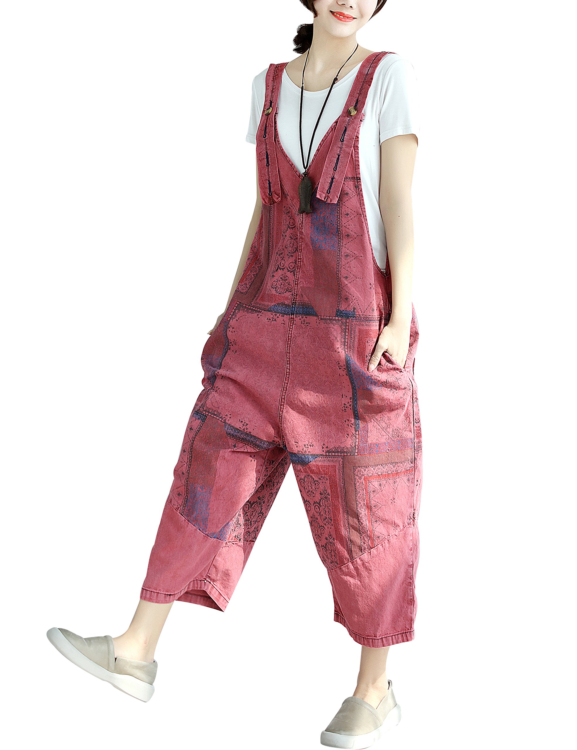 Yeokou Women's Loose Baggy Denim Wide Leg Drop Crotch Jumpsuit Rompers Overalls