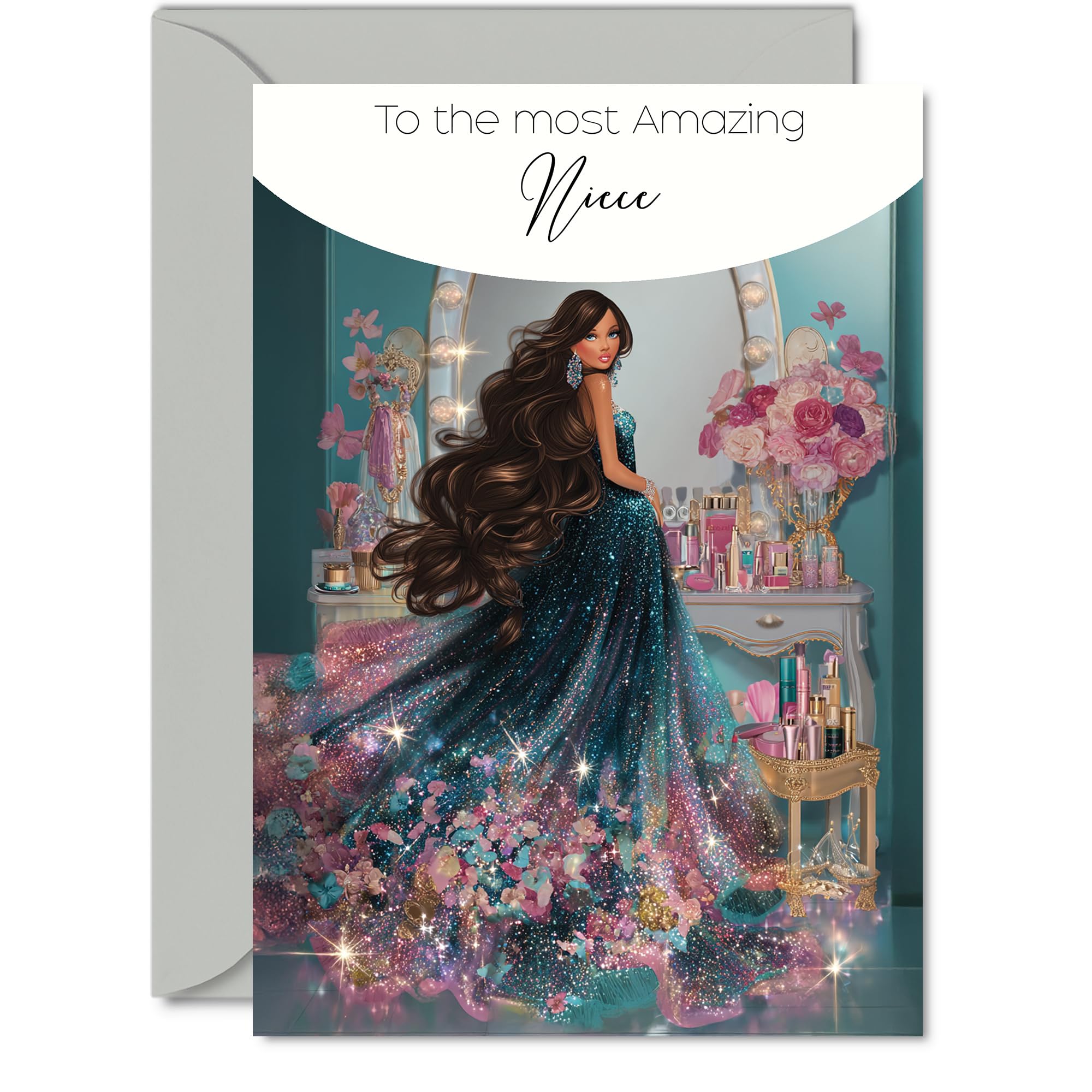 Niece Birthday Card - Glamorous Beauty Fashion - Happy Birthday Card for Niece from Auntie Uncle, A5 Sparkly Dress Bday Greeting Cards