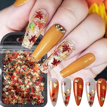 Fall Nail Art Glitters Shiny Mixed Golden Maple Leaf Nail Sequins Holographic Maple Leaves Nail Glitter Flakes Sparkly Autumn Winter Nail Designs Fall Stickers Decals Thanksgiving Decorations 1Bag