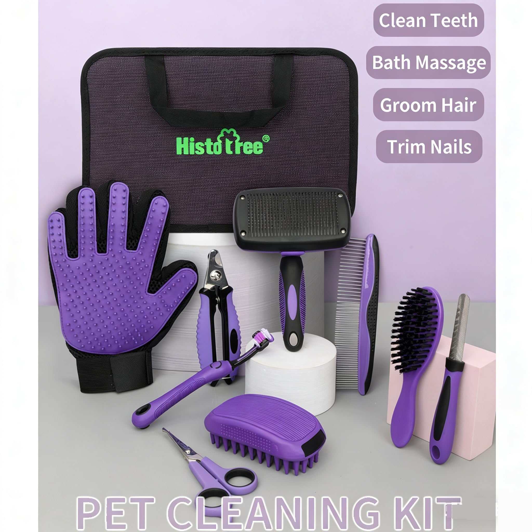 Lot de 9 brosses pour chiens et chats - Coupe-griffes avec lime, peigne démêlant, brosse de bain et shampoing - Accessoires de toilettage pour poils courts et longs