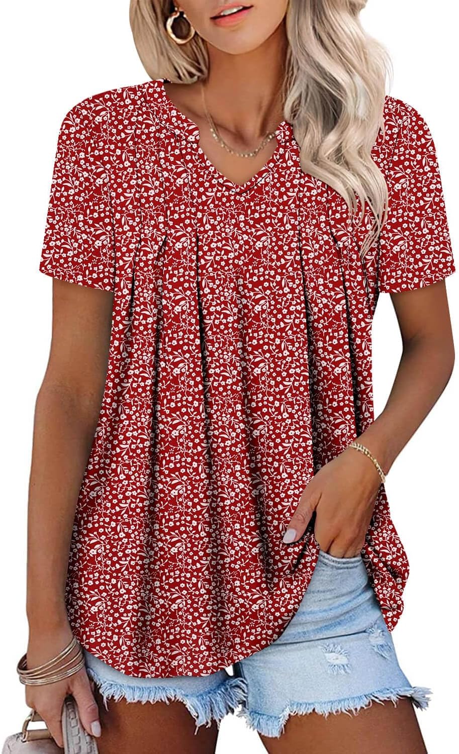 ONLYSHE Womens Short Sleeve Shirts Summer Floral Tunic Tops V Neck Blouse Loose Fit Shirts for Leggings