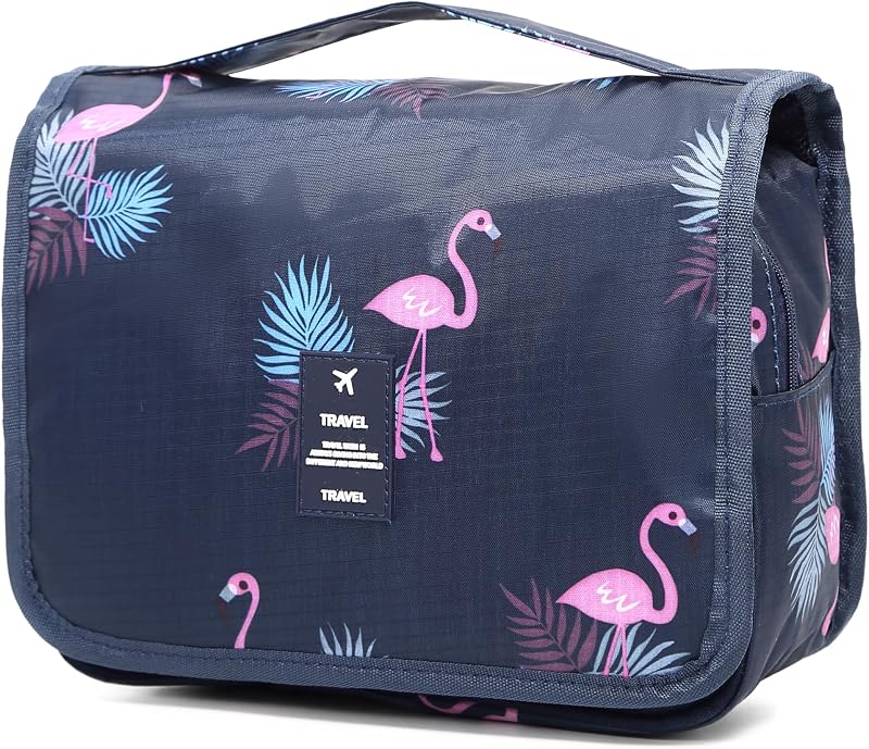 Necessaire Sechunk para viagem com gancho, zíper e compartimentos, navy_Flamingo