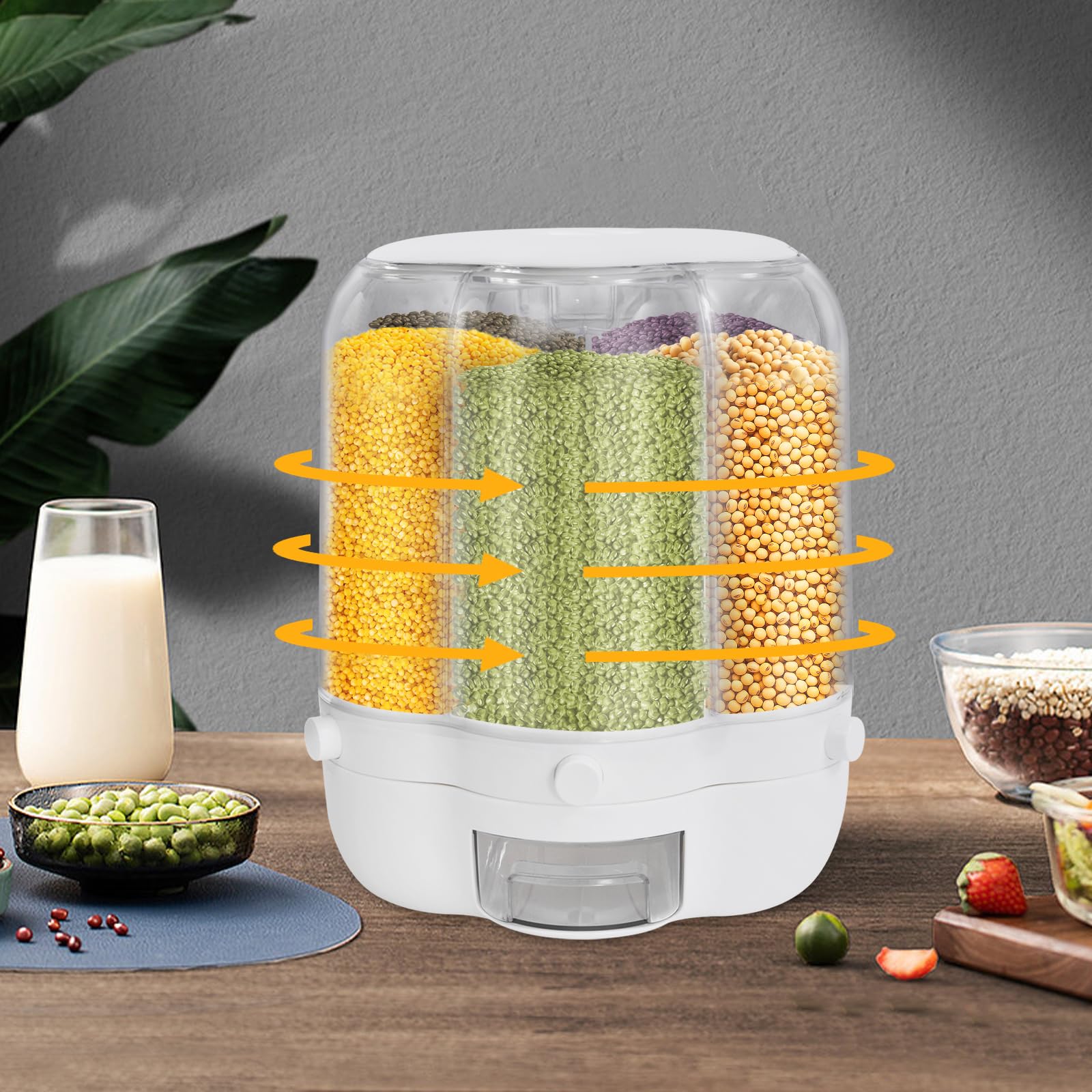 Dispenser girevole per cereali, 6 scomparti, girevole a 360°, trasparente, per farina di riso e noci in cucina e dispensa