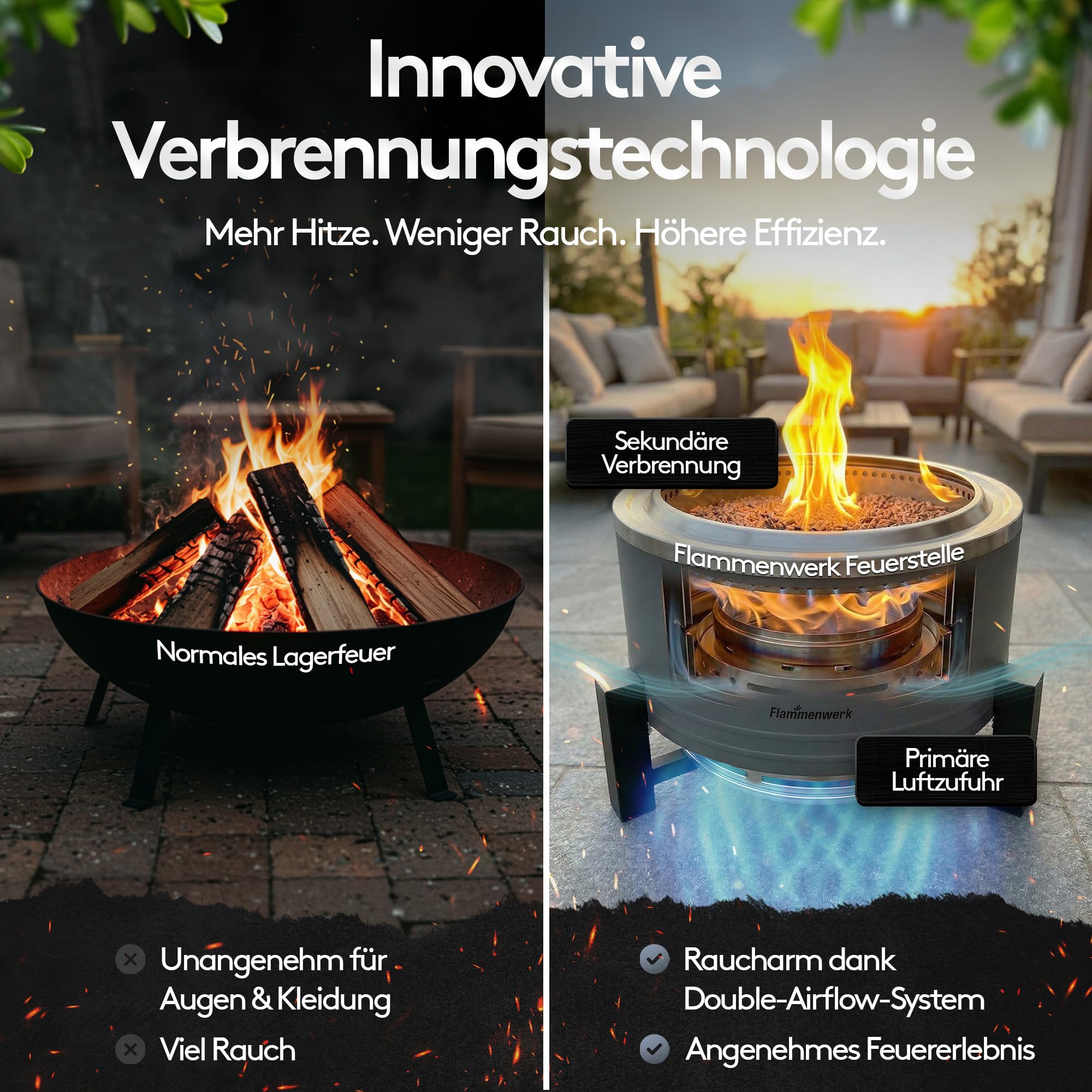 Rauchfreie Edelstahl Feuerschale Ø 56 cm| Raucharm Dank Turbo-Brenner | 2-in-1 Feuerstelle & Grill für Garten, Camping & Terrasse | Feuertonne & Feuerkorb für Holz & Pellets ohne Rauch Flammenwerk