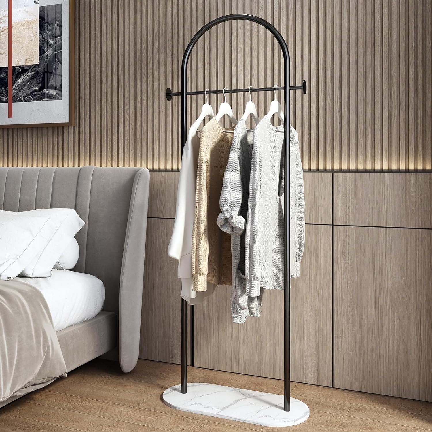 BUZUEY Clothes Rack,Metal Clothing Rack with Marble Base,Modern Coat Rack Freestanding for Boutiques,Small garment racks for hanging clothes,Can Hang Jacket Garment, Hat, Scarf 23.62in black