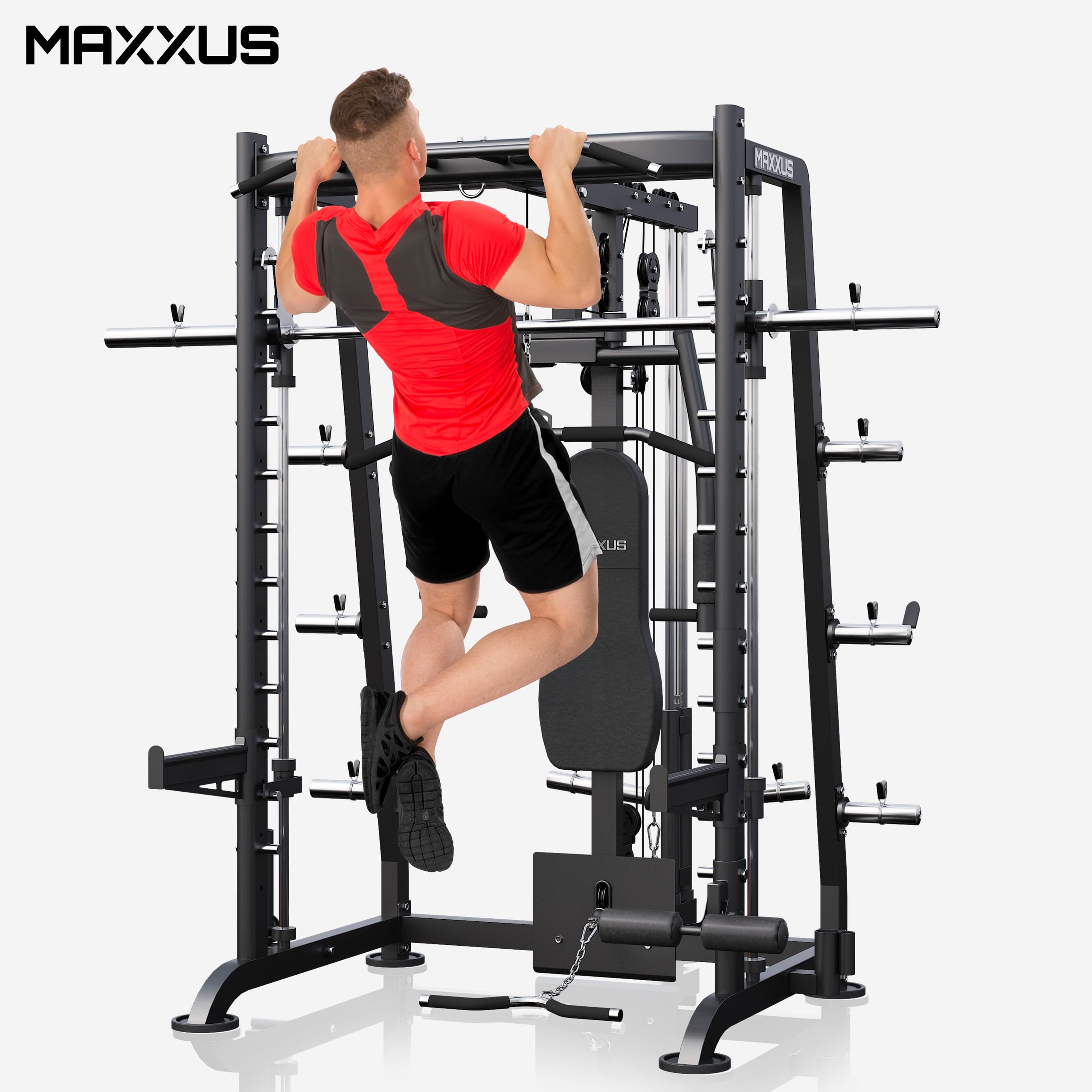 MAXXUS Kraftstation Multipresse 8.1 – Smith Machine mit Hantelbank, Butterfly, Kabelzug, Latzug, Klimmzugstation & Dip-Station, bis 250 kg für Zuhause