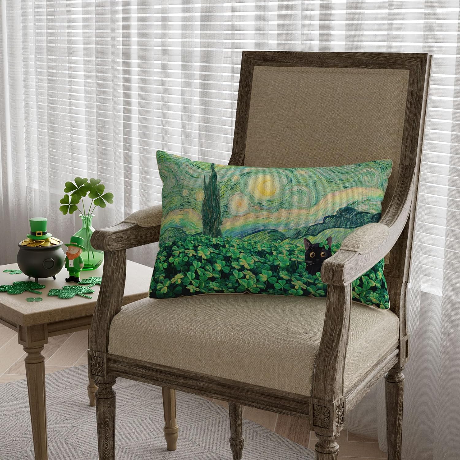 Shamrocks Clovers Cat Oil Painting Starry Night St. Patrick's Day Lumbar Pillow Cover Pillow Cases Decorations for Farmhouse Home Sofa Couch Cushion Cover Party Holiday Decor 12x20 Inch 20" x 12" (Pack of 1)