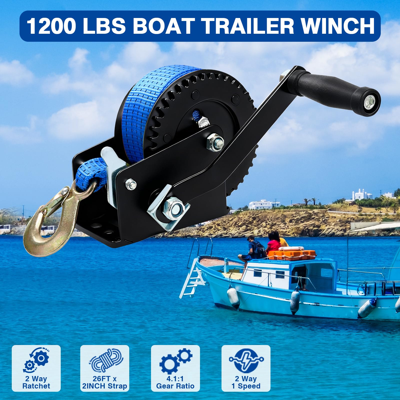 BOOMSTART Gurtwinde 1200 Lbs (544 Kg) – Manuelle Bootswinde Mit 8 M Gurt (5 Cm Breit), Lasthaken & Softgriff – Für Anhänger, ATV & Forst